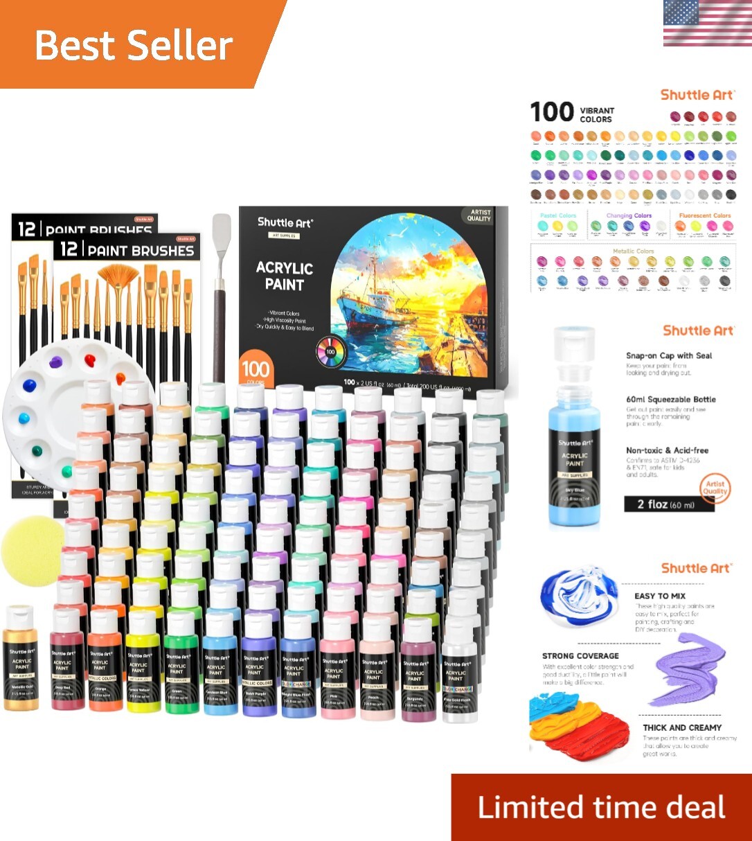 100 Vibrant Colors Acrylic Paint Set with Brushes, Sponge & Palette – Non-Toxic