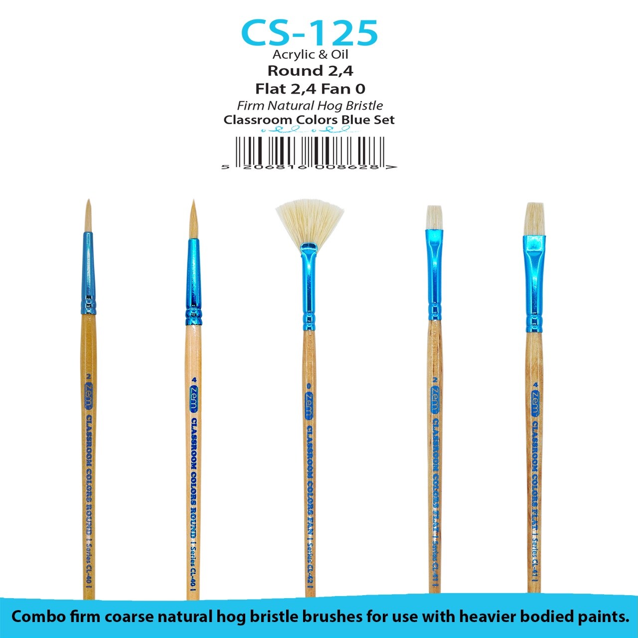 ZEM Classroom Colors Natural Hog Bristle Firm Artist Brush Sets 6 Types