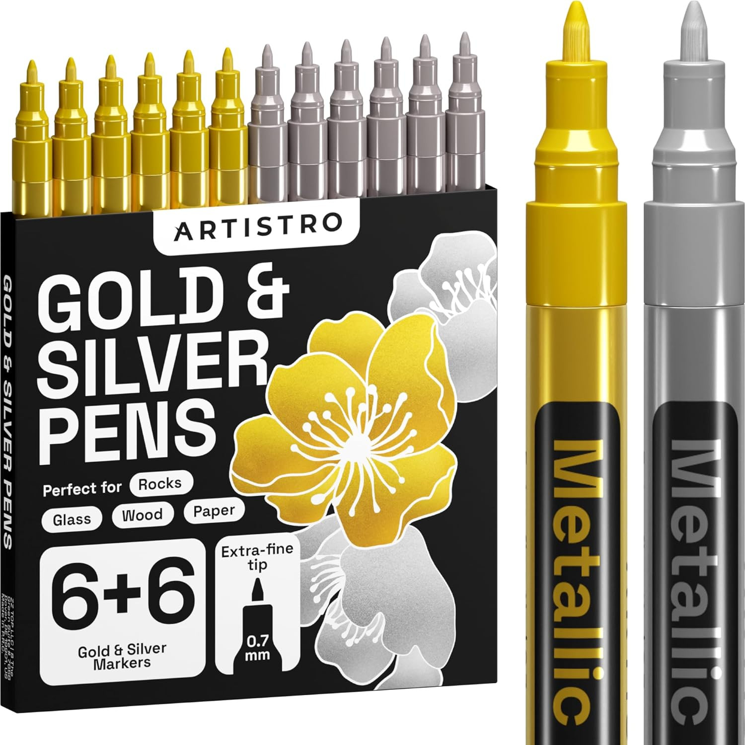 12 Oil-Based Gold & Silver Paint Pens- 0.7Mm Extra-Fine Markers for Tire, Wood,