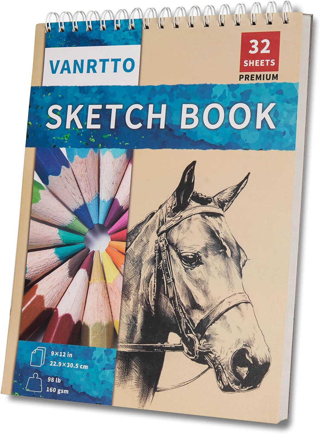 Vanritto Drawing Sketch Book 98lb/160g Top Spiral Bound 9 x 12 inches 32 Sheets