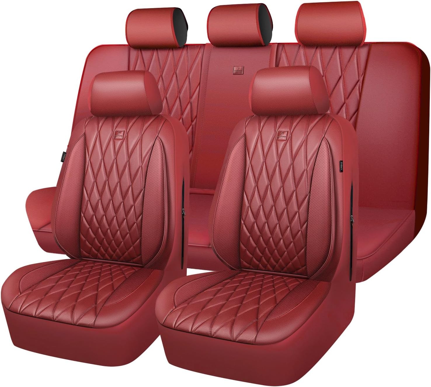CAR PASS Faux Leather Seat Covers Full Set Burgundy Red Universal Fit #R023