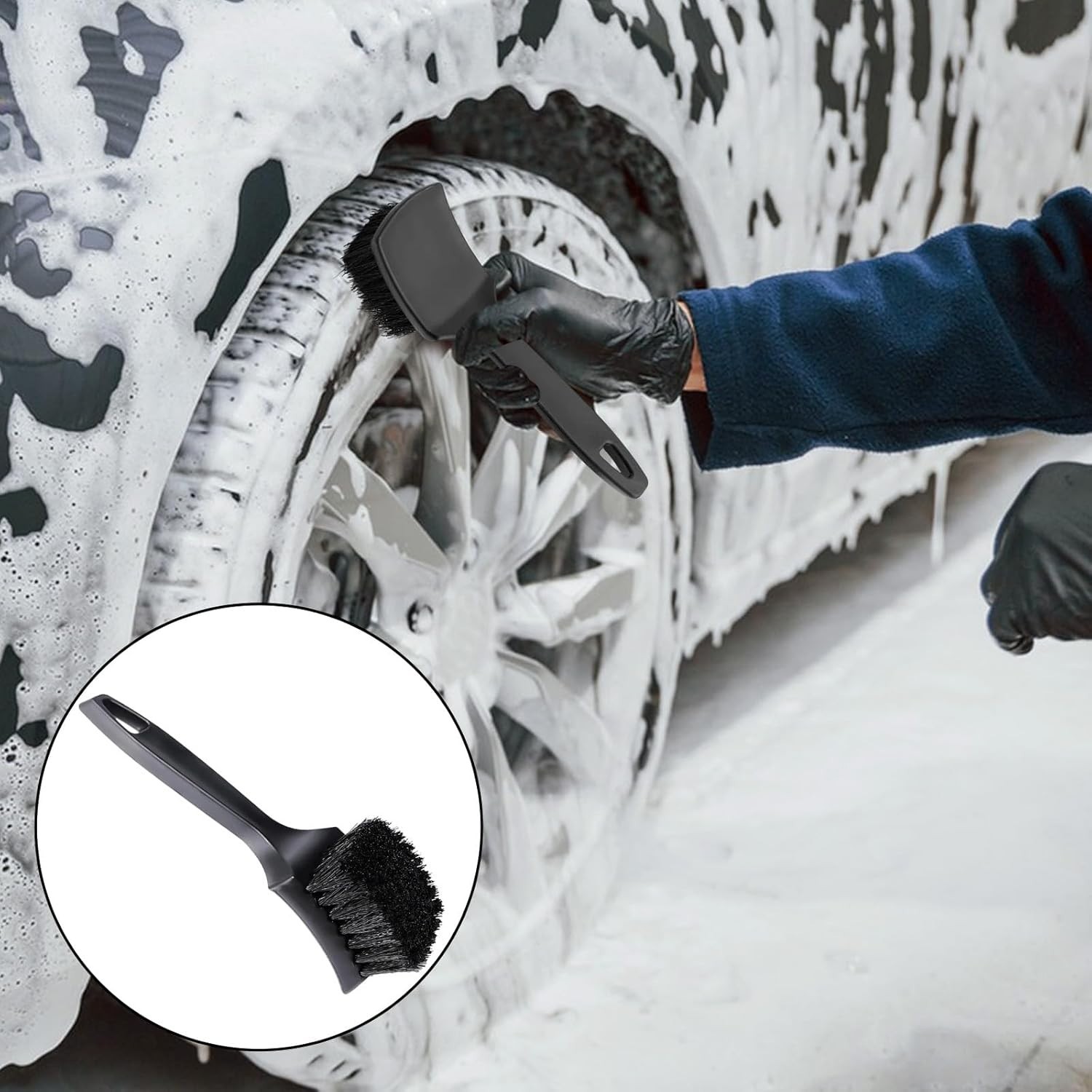 Car Wheel Brush, Stiff Bristle Short Handle Scrub Tire & Wheel Rim Brush, Black