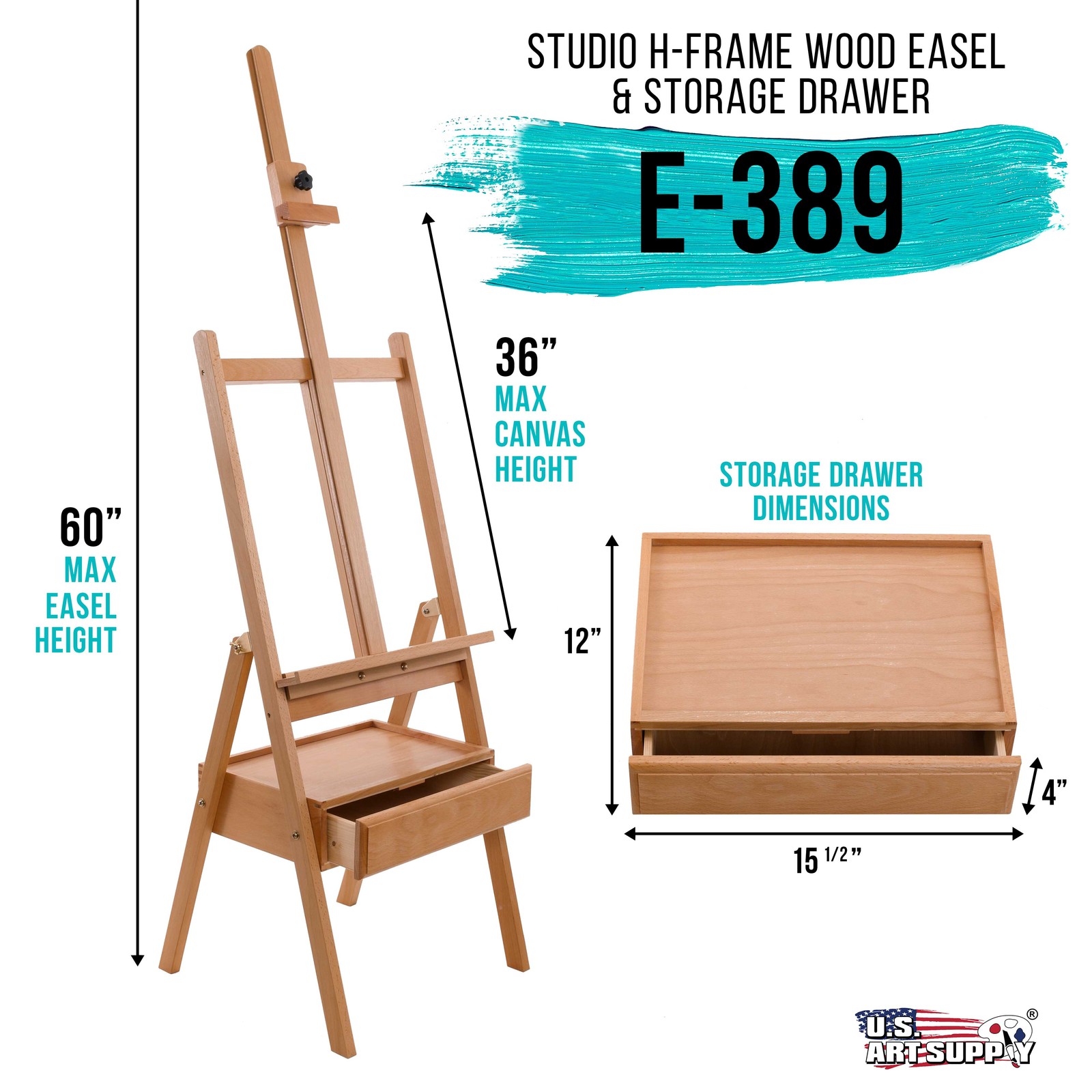 U.S. Art Supply Wooden H-Frame Studio Easel with Artist Storage Drawer, 75″ Mast