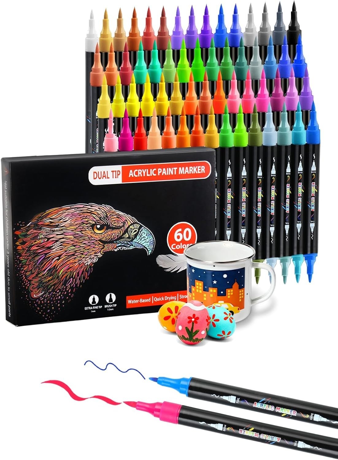 60 Color Acrylic Paint Art Markers Dual Tip Brush/Fine Wood Canvas Craft DIY