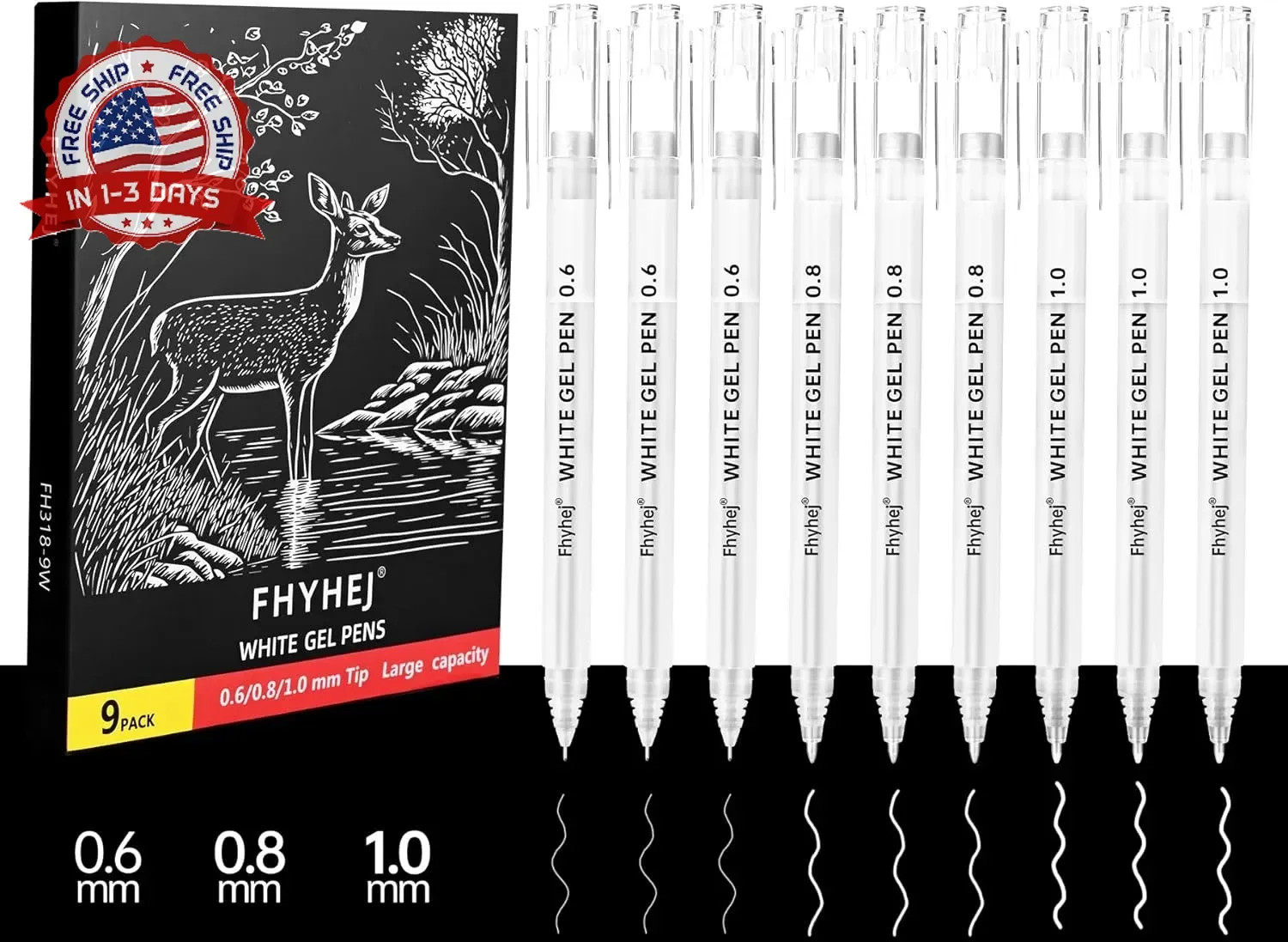 9 Pack White Gel Pens – 0.6/0.8/1.0mm Fine/Medium/Bold Tip Opaque White Ink Pen,