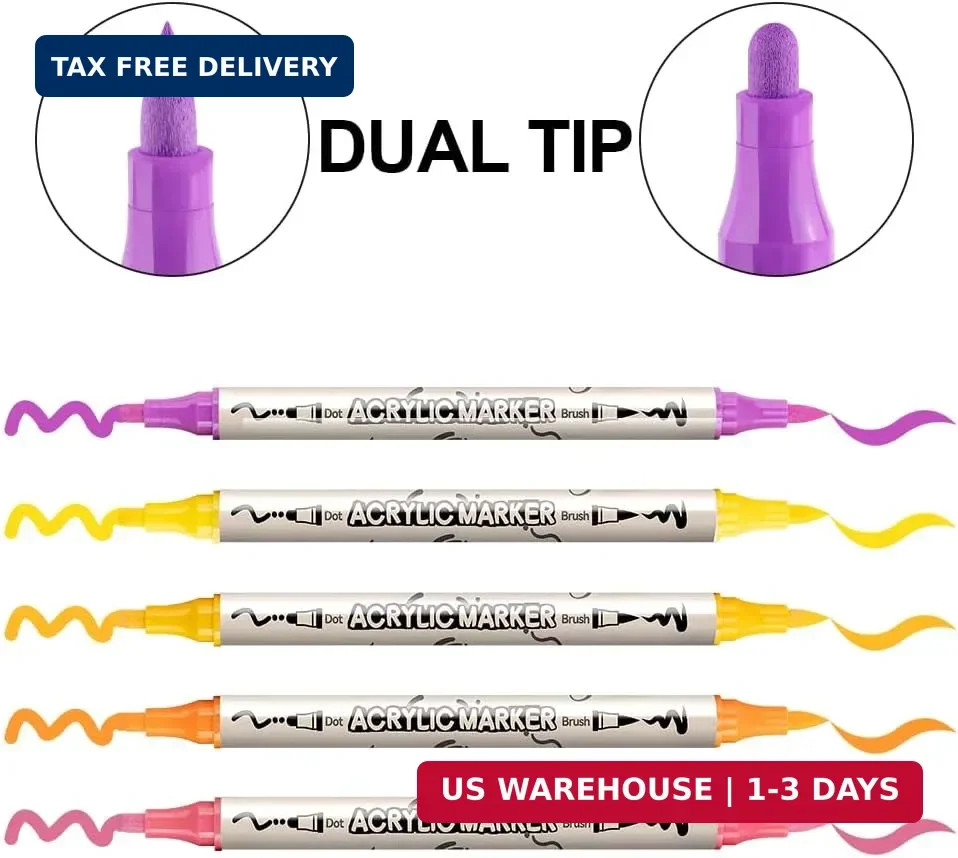 TRANSON 24 Colors Bold and Brush Dual-tip Acrylic Paint Marker Pen for Canvas Ro