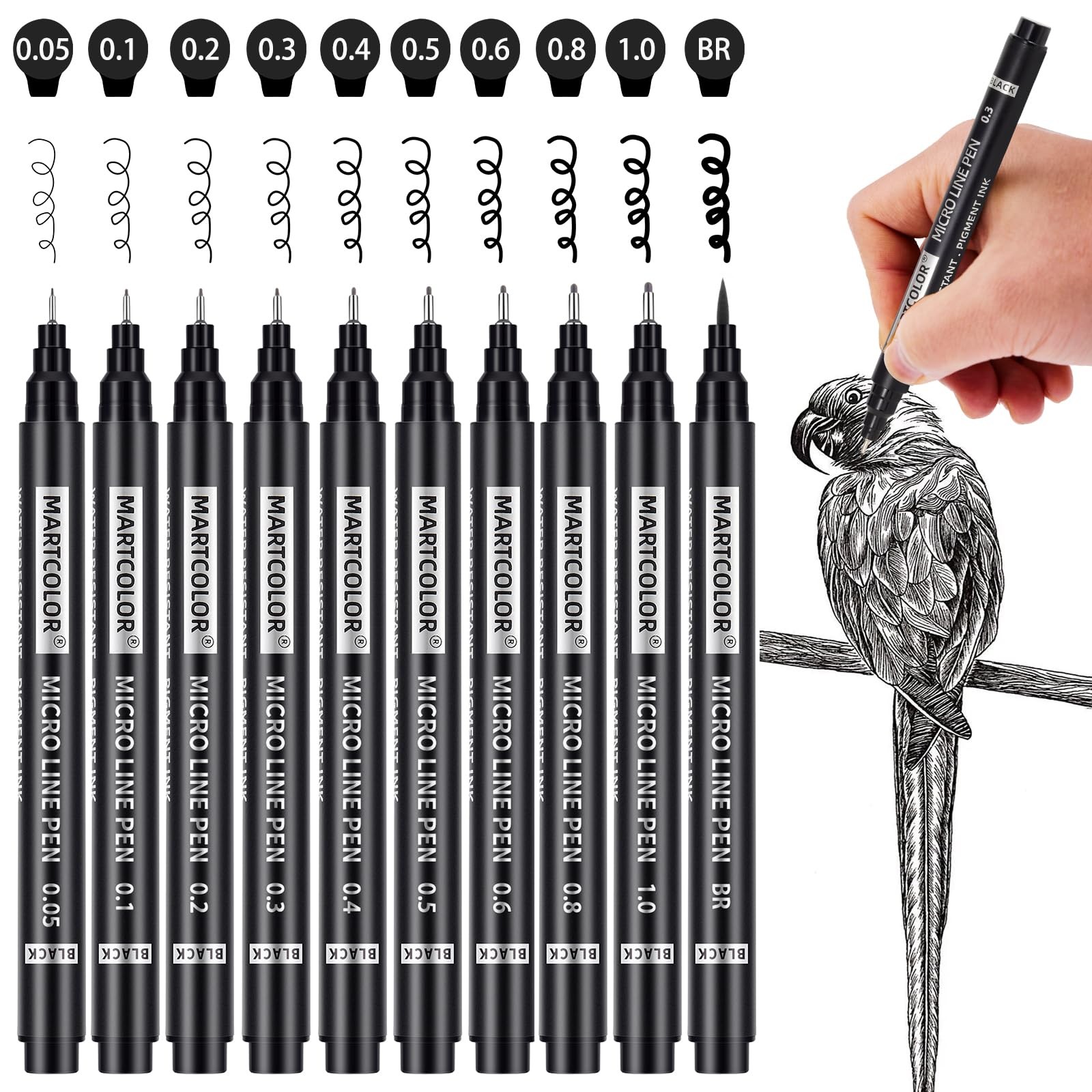 MARTCOLOR Micro Pen Fineliner Pens, 10 Size Fine Point Archival Black Ink Pen…