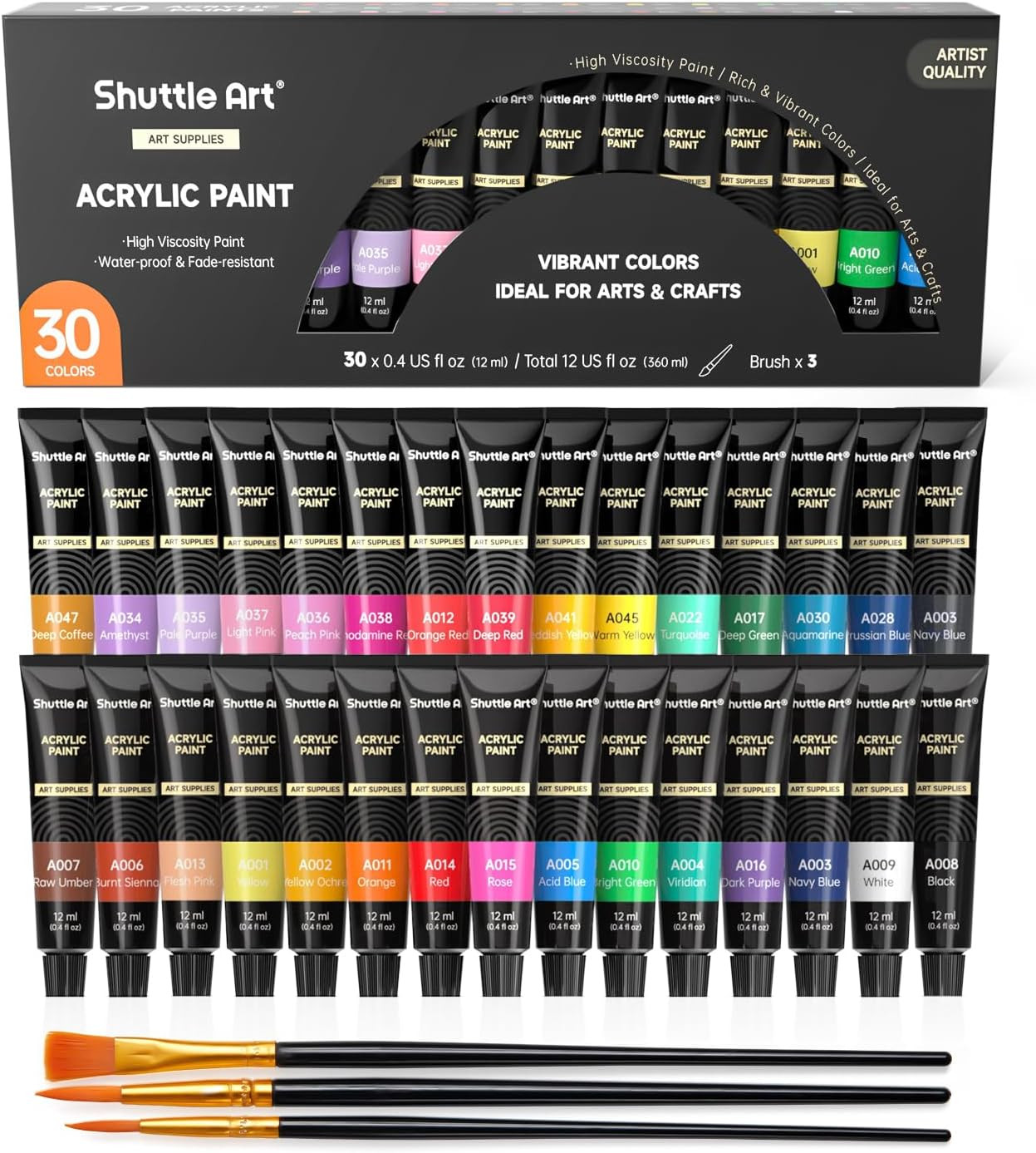 Acrylic Paint Set, 30 X12Ml Tubes Artist Quality Non Toxic Rich Pigments