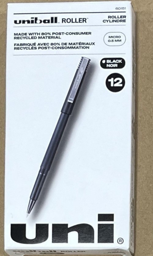 uni-ball Roller Rollerball Pens, Micro Tip 0.5mm, Black, 12 Pack 60151