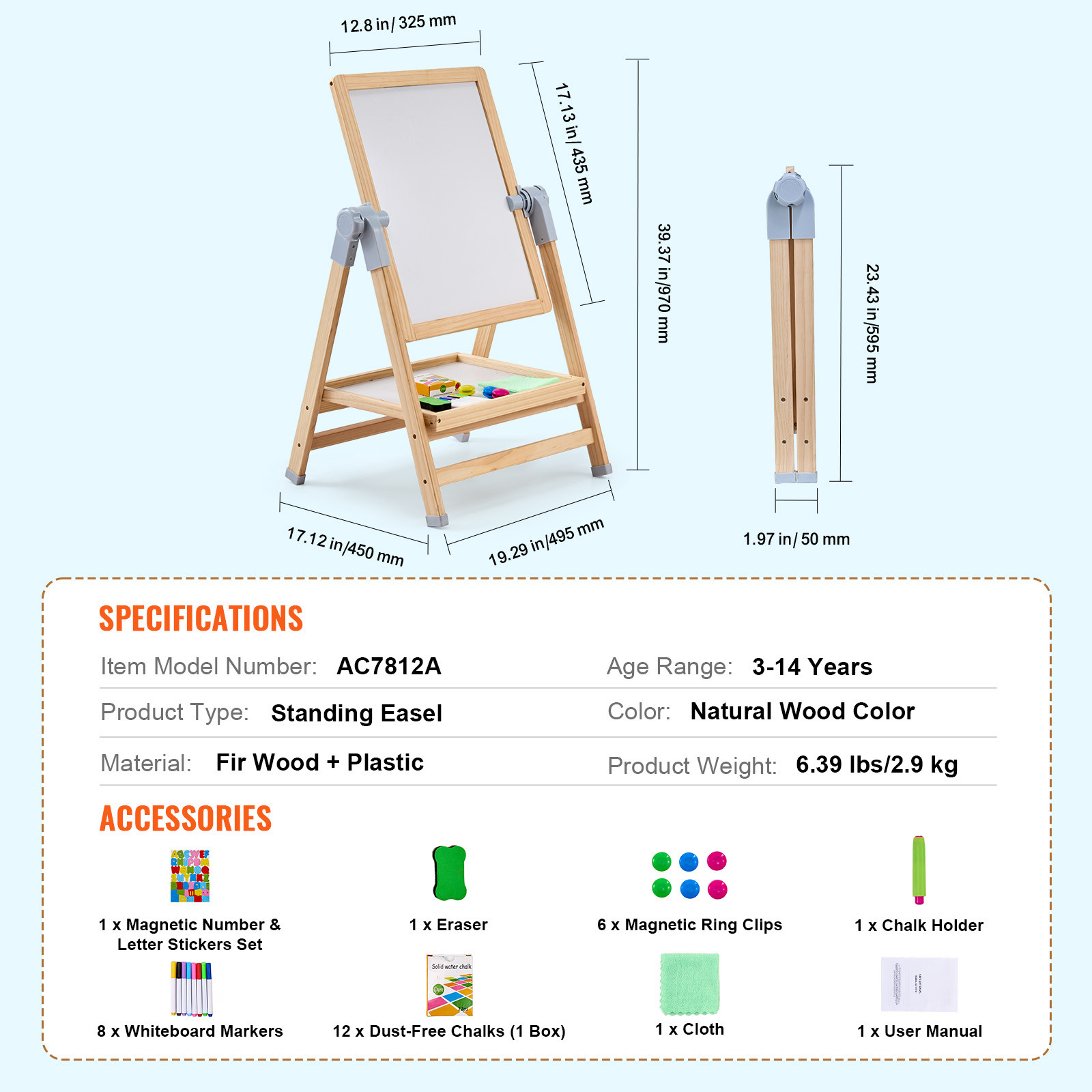 VEVOR 2-in-1 Kids Art Easel Double-Sided Wooden Magnetic Whiteboard Chalkboard
