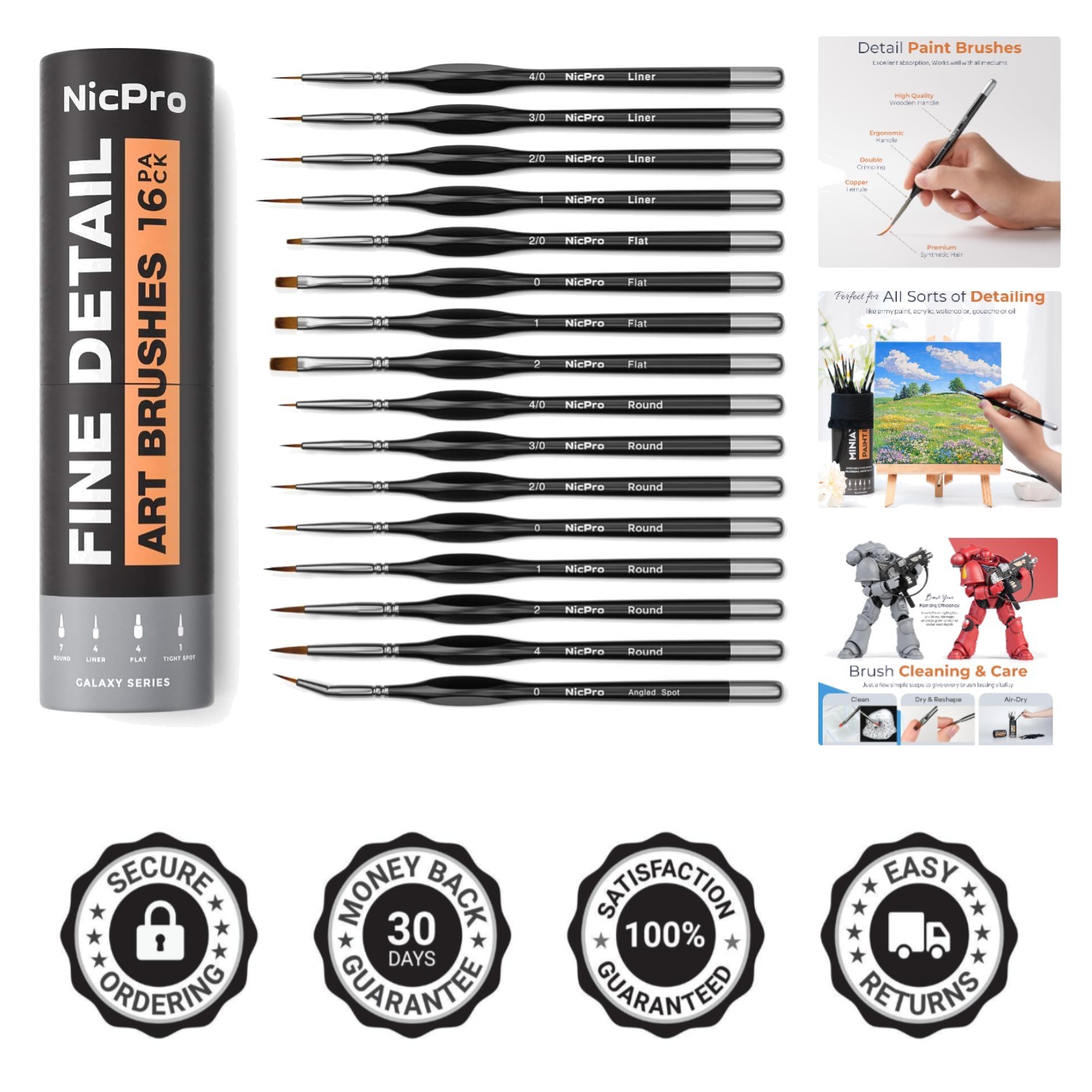 Versatile 16 PCS Fine Tip Brushes for Acrylic, Watercolor & Craft Detailed Works