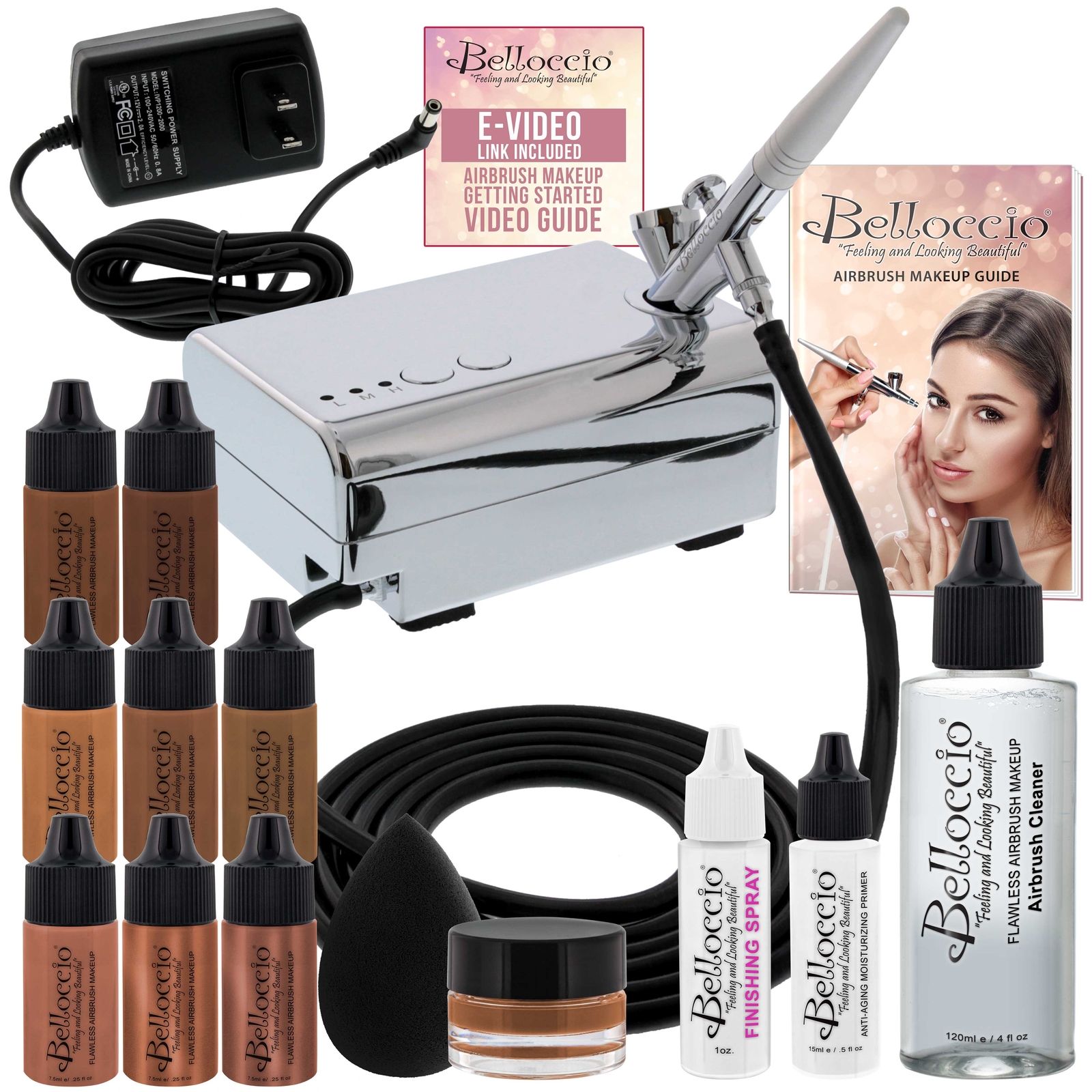 Belloccio AIRBRUSH Dark FOUNDATION MAKEUP SYSTEM Compressor Blush Bronzer Kit