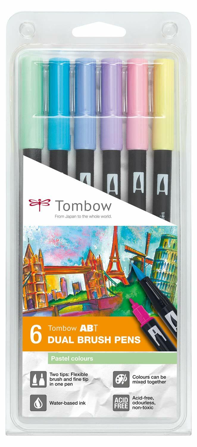 ** NEW Tombow Dual Brush Pen Pastel (6-Pack) w/Free Fudenosuke Brush Pen