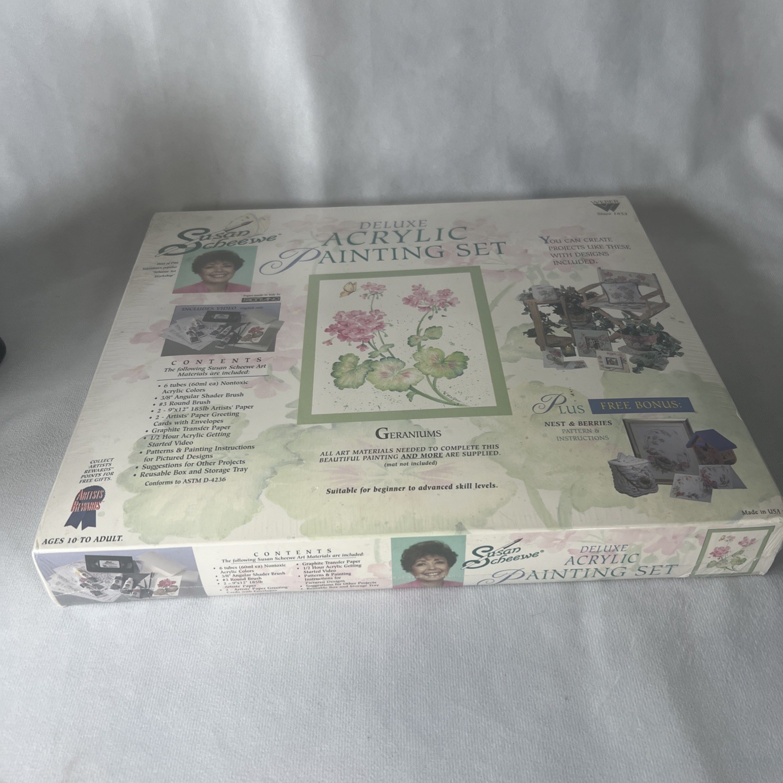 Vintage Susan Scheewe Deluxe Acrylic Painting Set Factory Sealed Geraniums