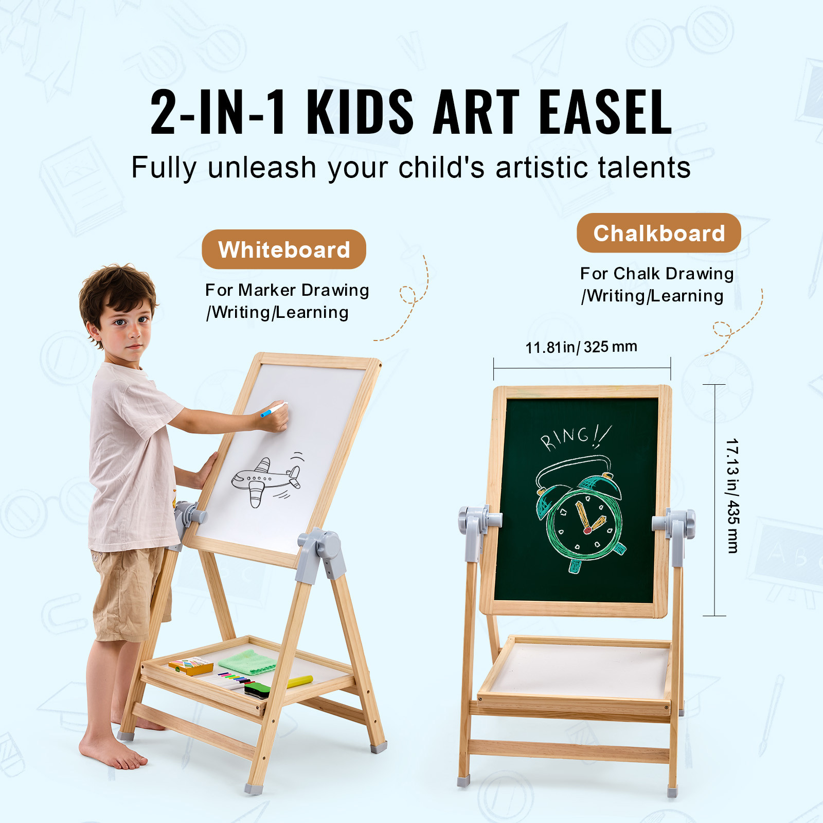 VEVOR 2-in-1 Kids Art Easel Double-Sided Wooden Magnetic Whiteboard Chalkboard