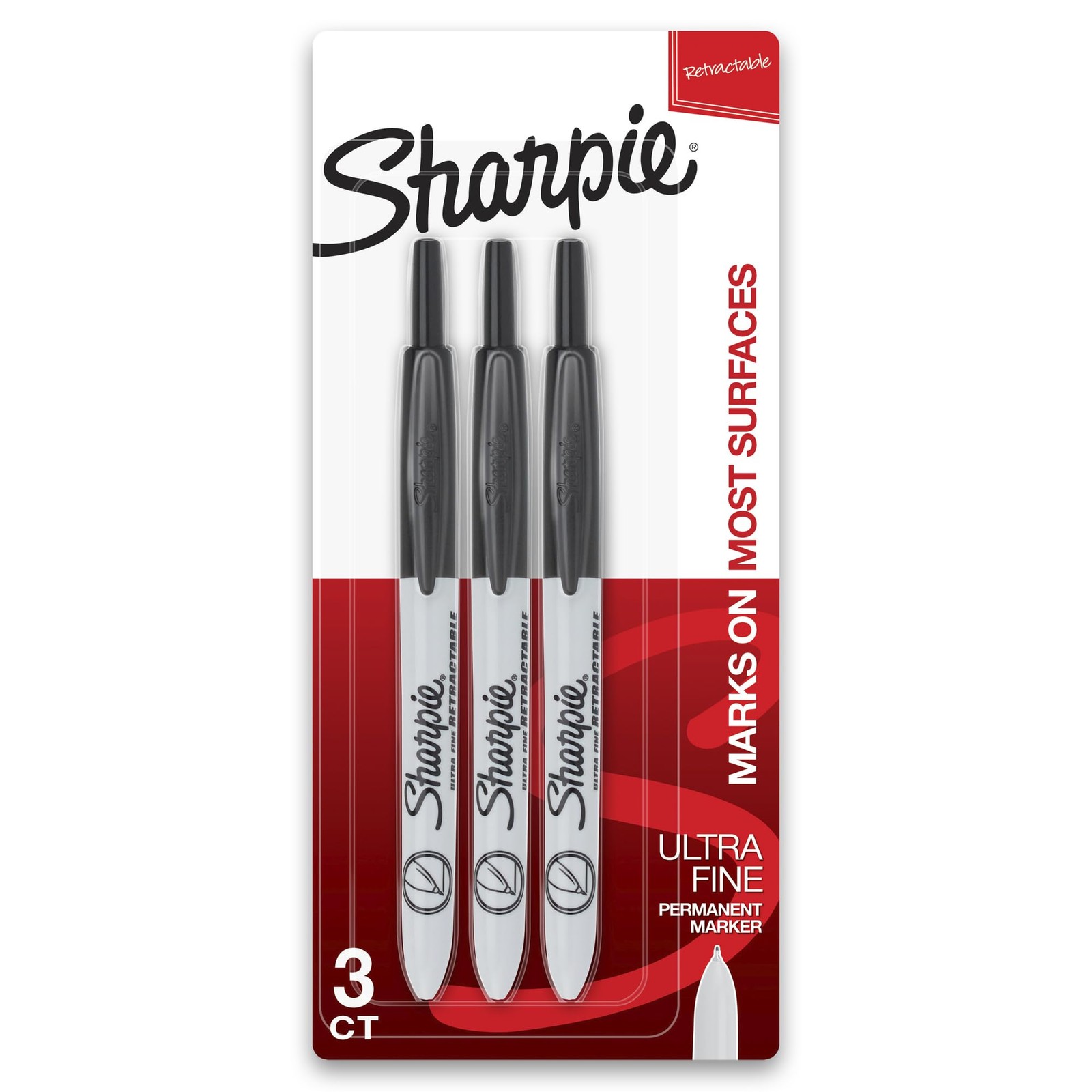 Sharpie Retractable Permanent Markers, Ultra Fine 1 Count (Pack of 3), Black