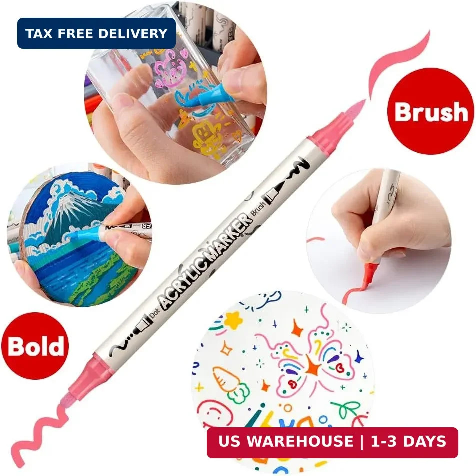 TRANSON 24 Colors Bold and Brush Dual-tip Acrylic Paint Marker Pen for Canvas Ro