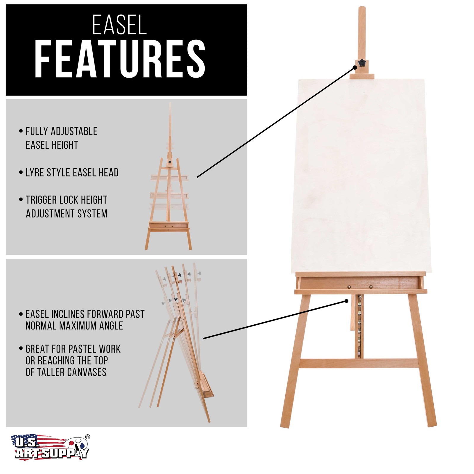 64″ to 89″ Lyre Style Studio A-Frame Inclinable Easel, Artist Art Storage Tray
