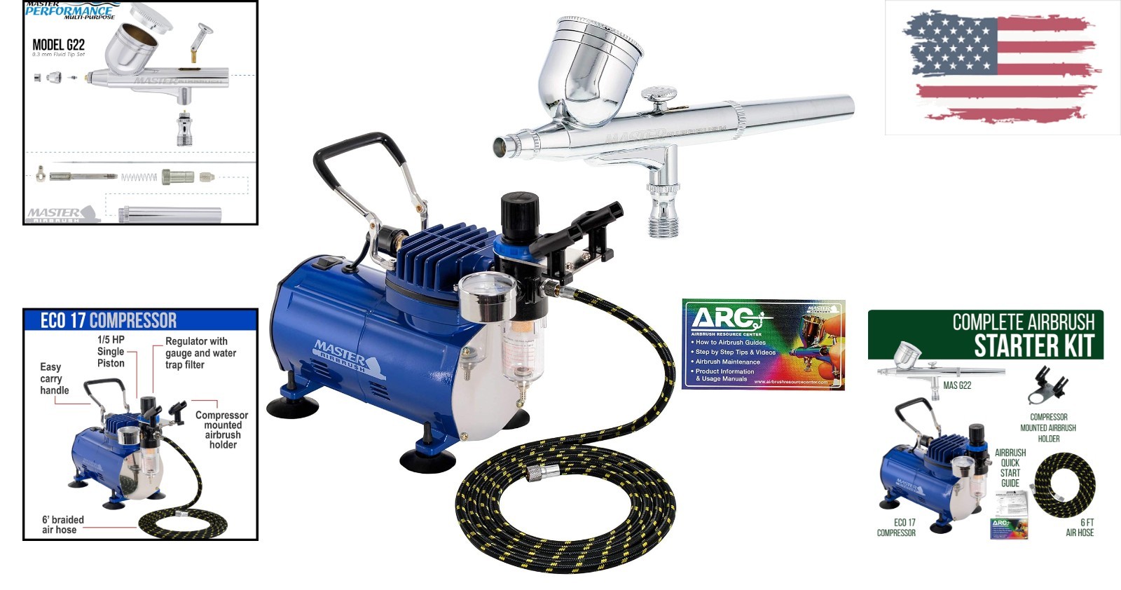 Beginner-Friendly G22 Airbrush System with 1/5 HP Compressor & 6-Foot Hose