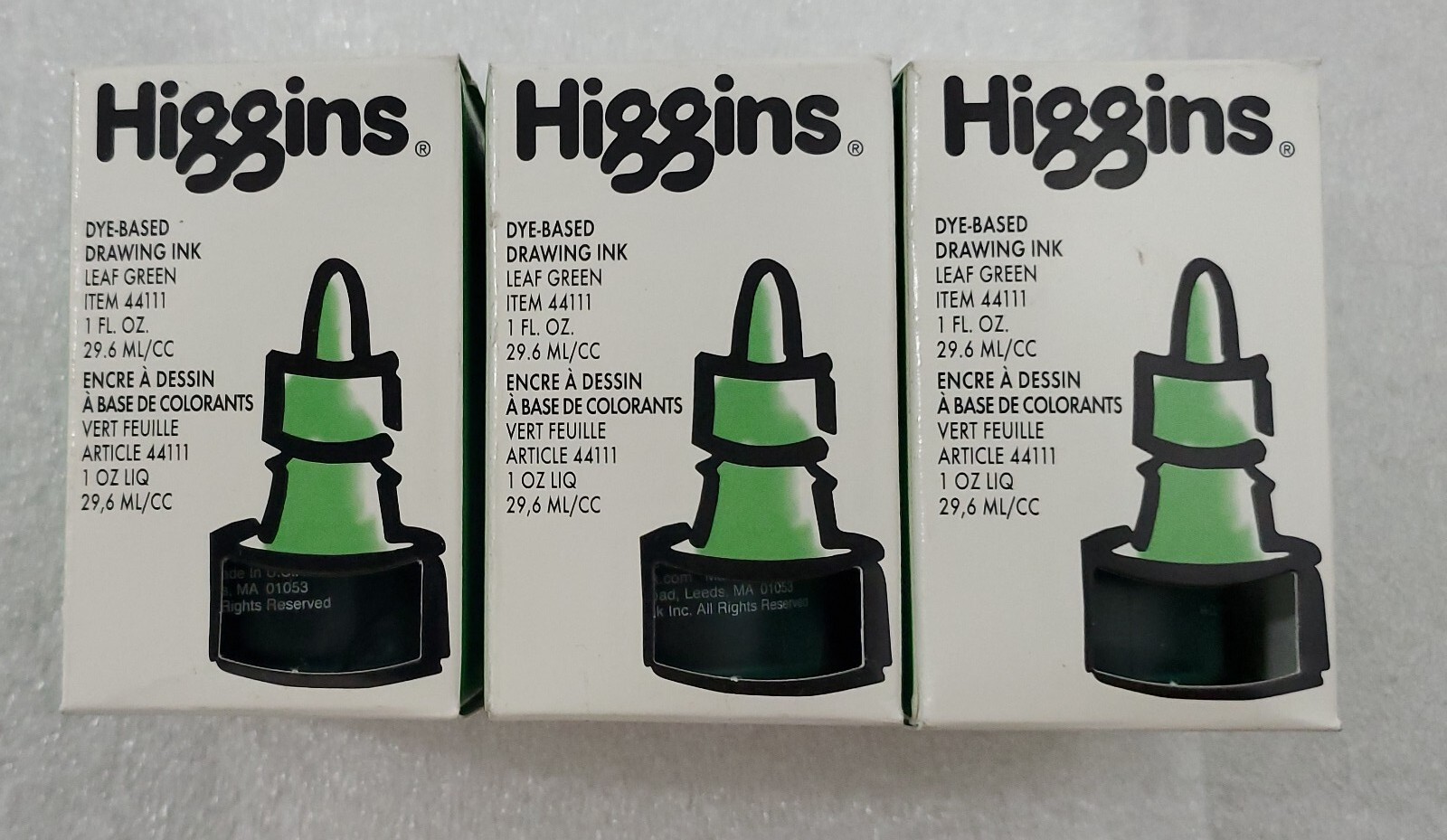 Lot of 3 Higgins DYE-BASED Drawing Ink LEAF GREEN Item # 44111. 1 FL.OZ. N.O.S.