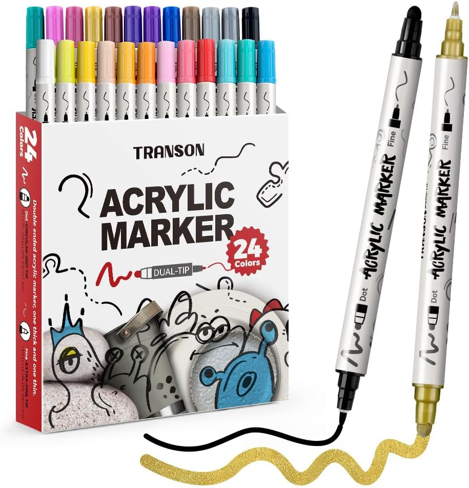 TRANSON 24 Color Bold and Fine Dual-Tip Acrylic Paint Pen Set for Canvas Rock Wo
