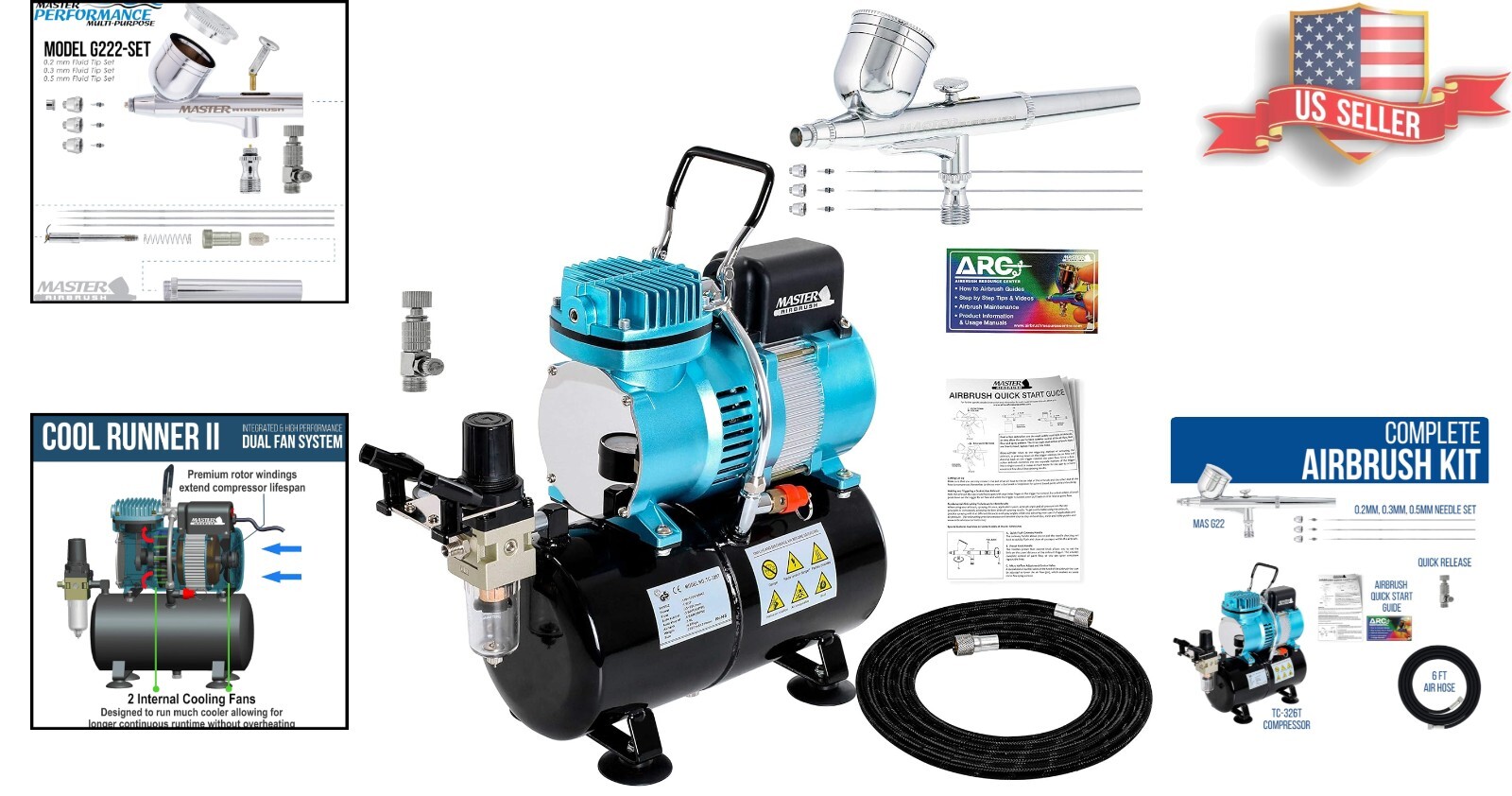 Complete Airbrush System: Cool Runner II Compressor & G222 Airbrush with 3 Tips