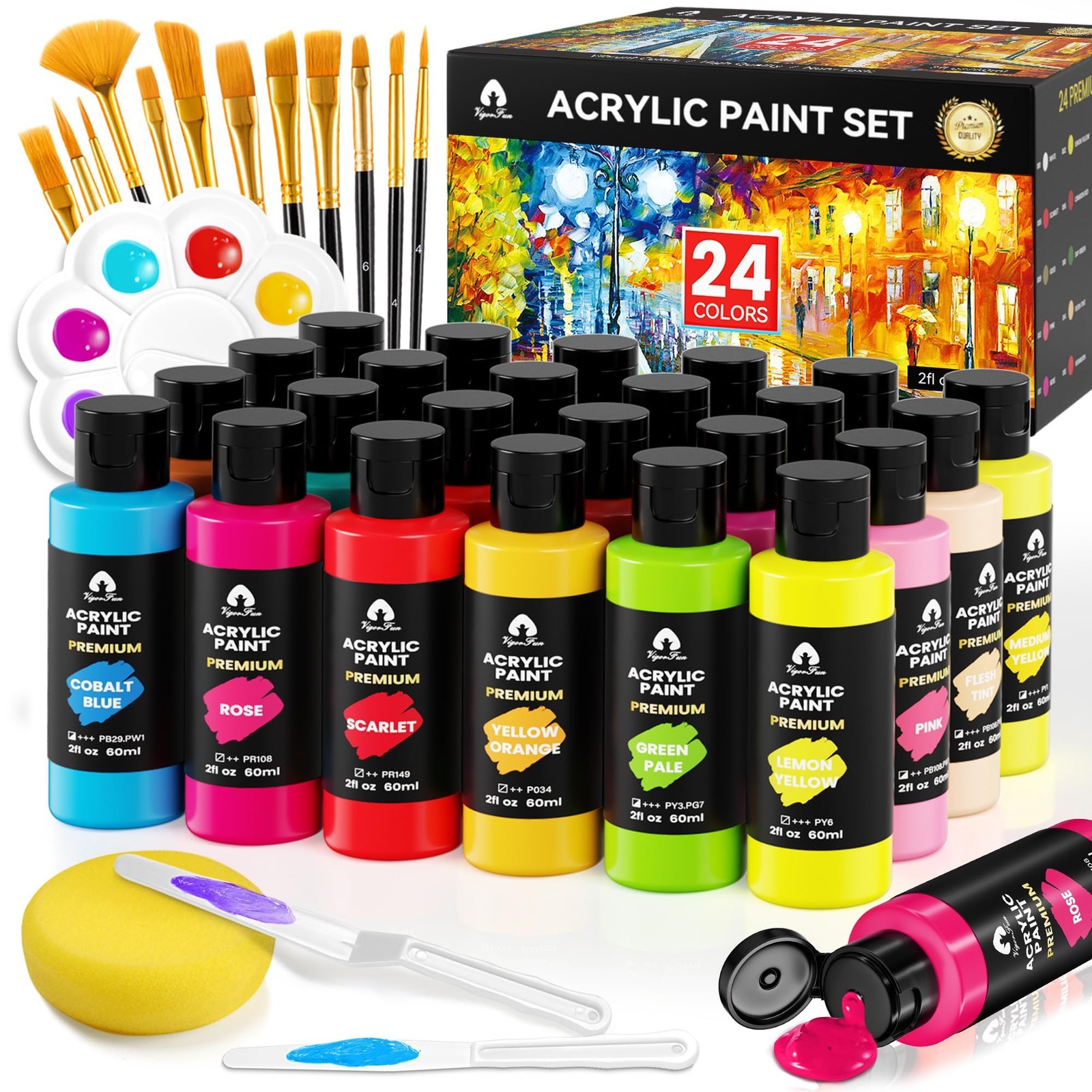 40 PCS Acrylic Paint Set – 24 Colors (2oz/60ml) with Brushes, Knives & Palett…