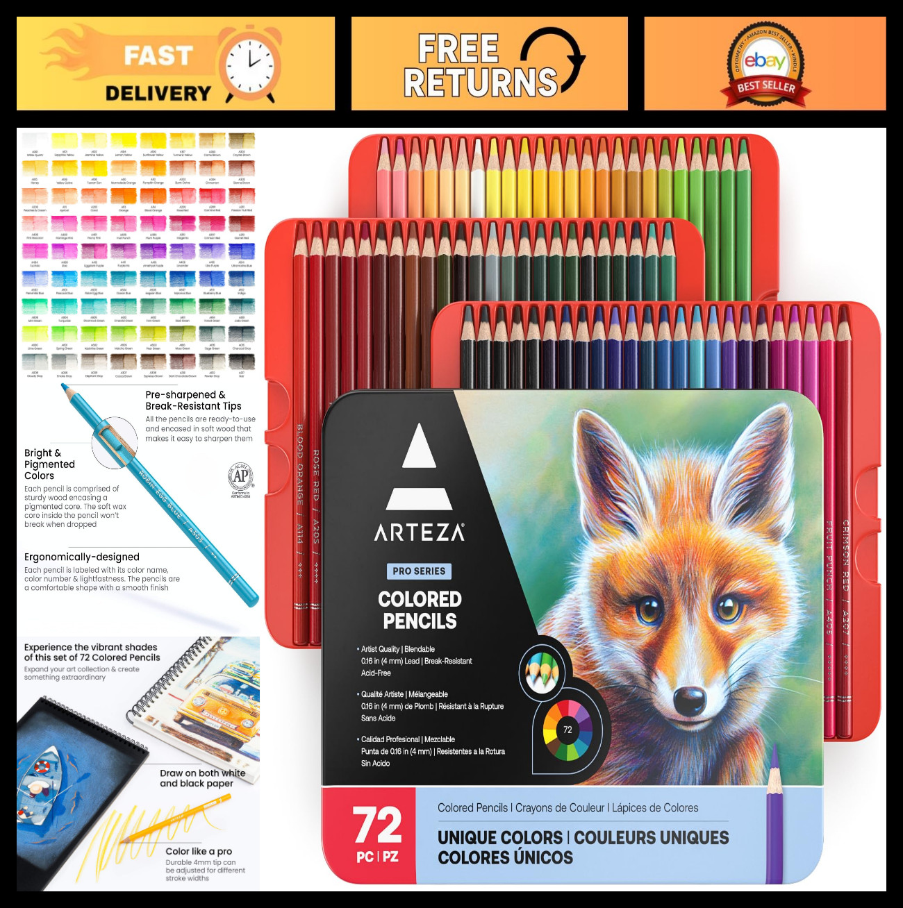 72 Colored Pencils Set – Soft Wax-Based, Pre-Sharpened, Break-Resistant for Blen