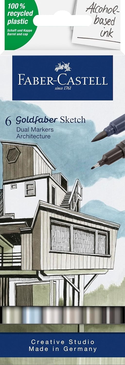 Faber-Castell Goldfaber Dual Tip Sketch Markers 6 pk Brush & Fineliner Tips NEW