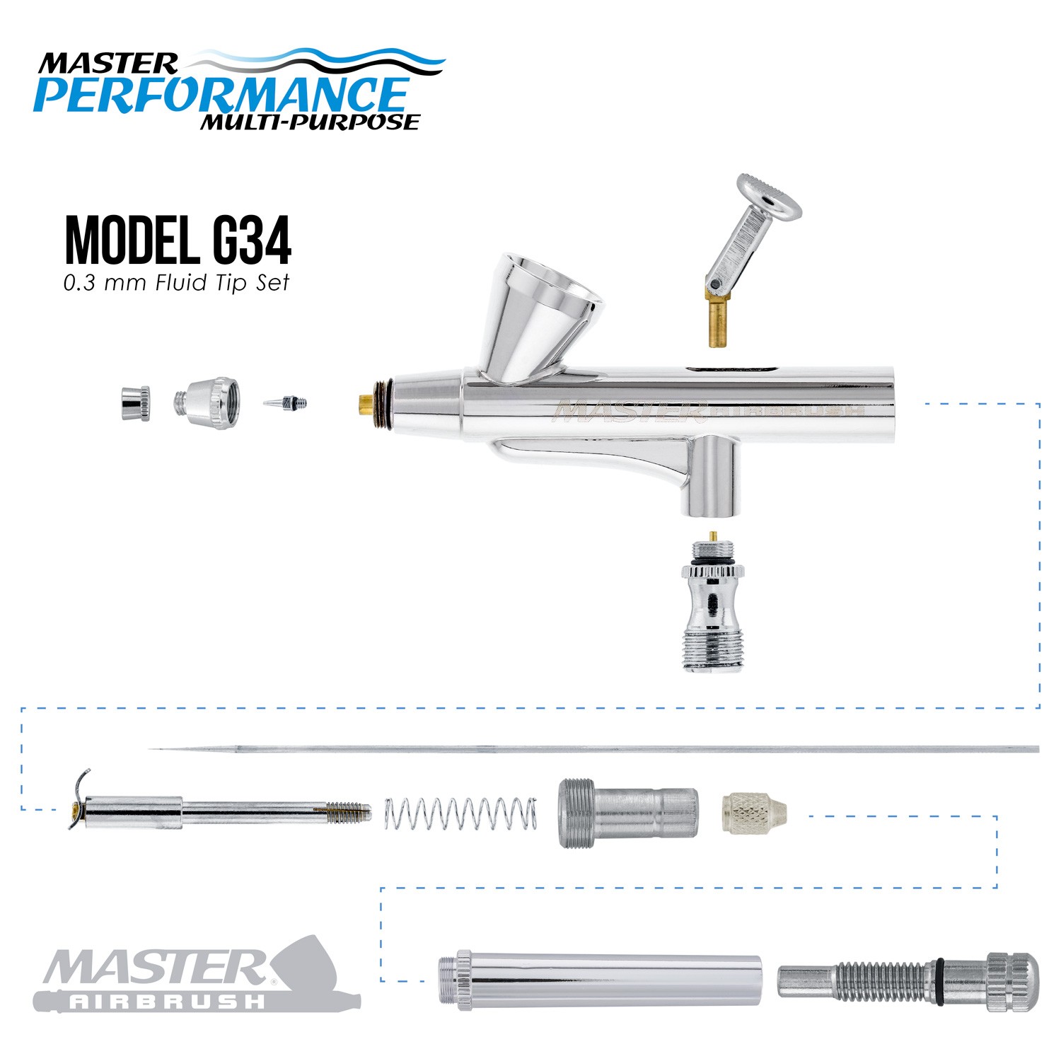Master G34 Dual-Action Gravity Feed Airbrush Set Kit 0.3mm Tip, Hobby Auto Cake