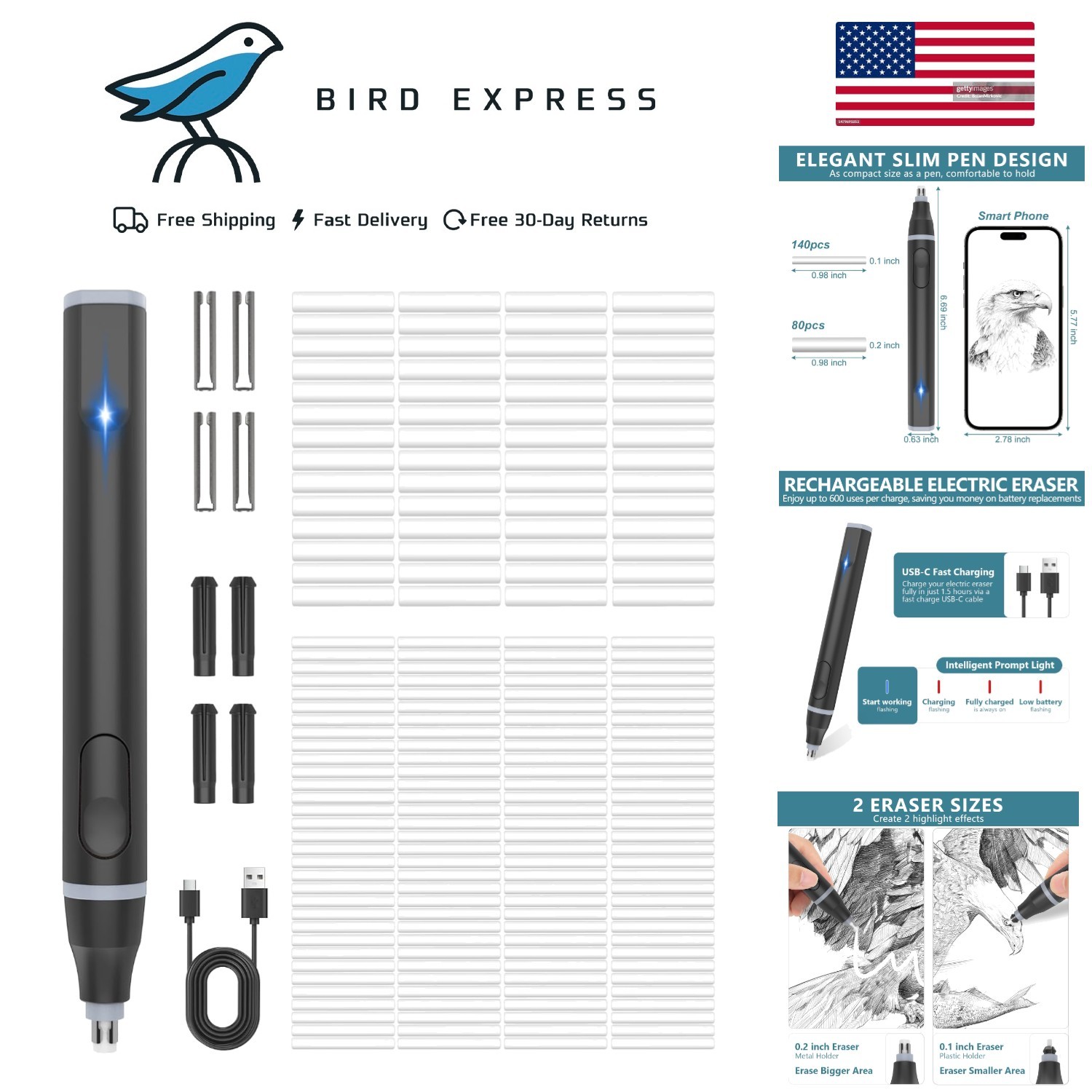 Electric Eraser Kit USB C Rechargeable with 220 Refills Dual Sizes for Artists