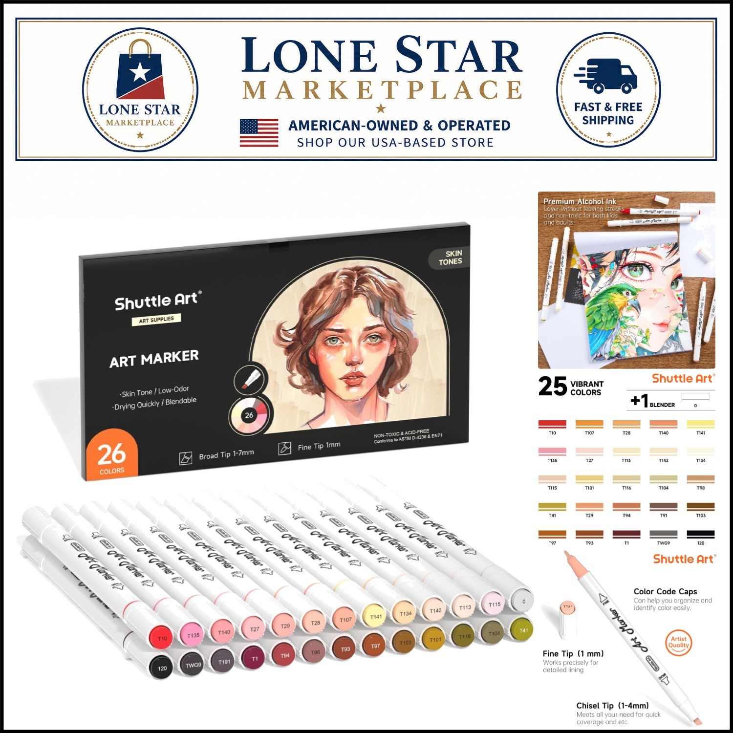 26 Colors Professional Skin Tone & Hair Art Markers – Dual Tip Set with Blender
