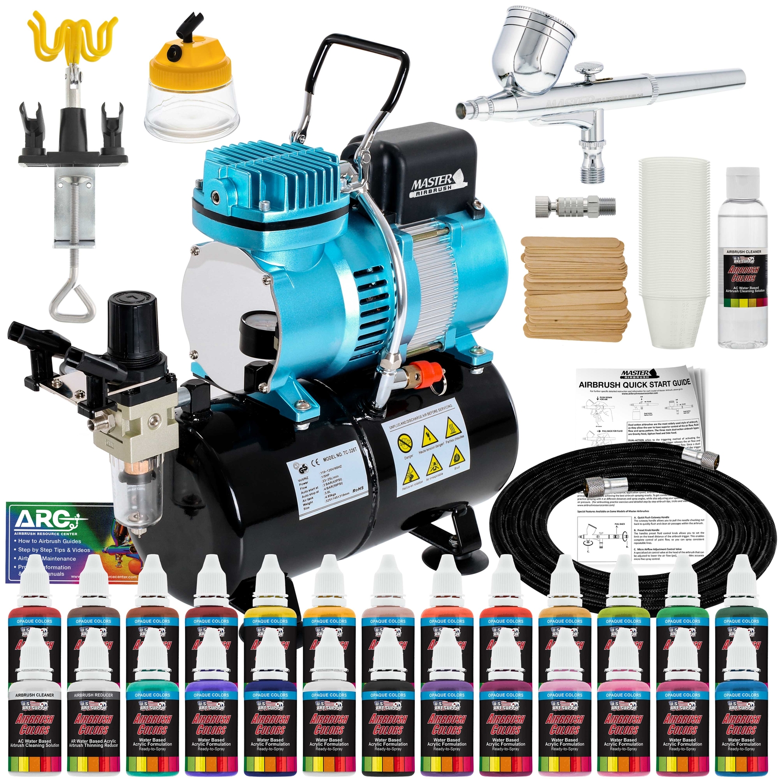 Master Gravity Airbrush Air Tank Compressor Kit with 24 Color Acrylic Paint Set