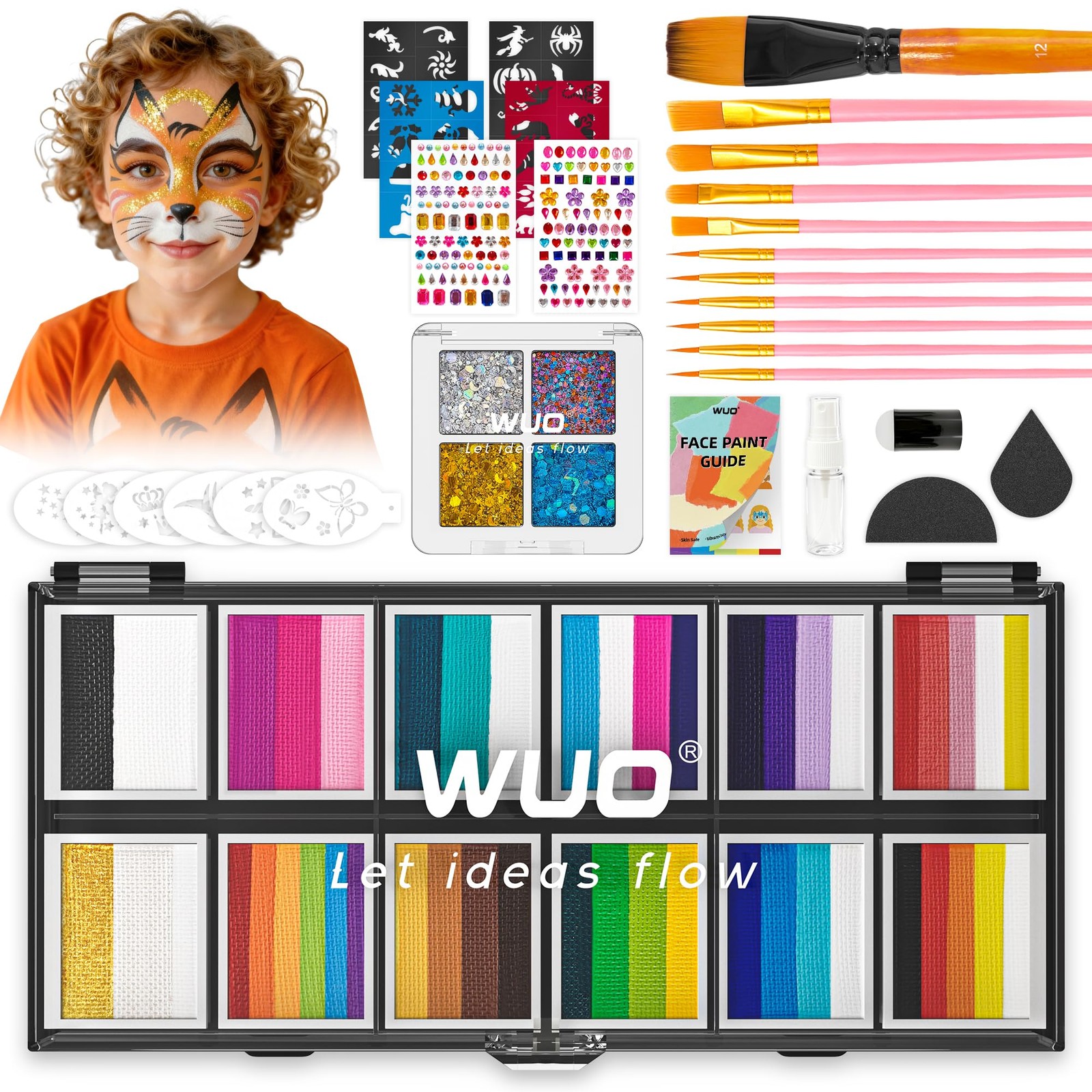 Face Painting Kit 12x10g 4 Glitter Colors Stencils Sponge Non Toxic WUO Kids