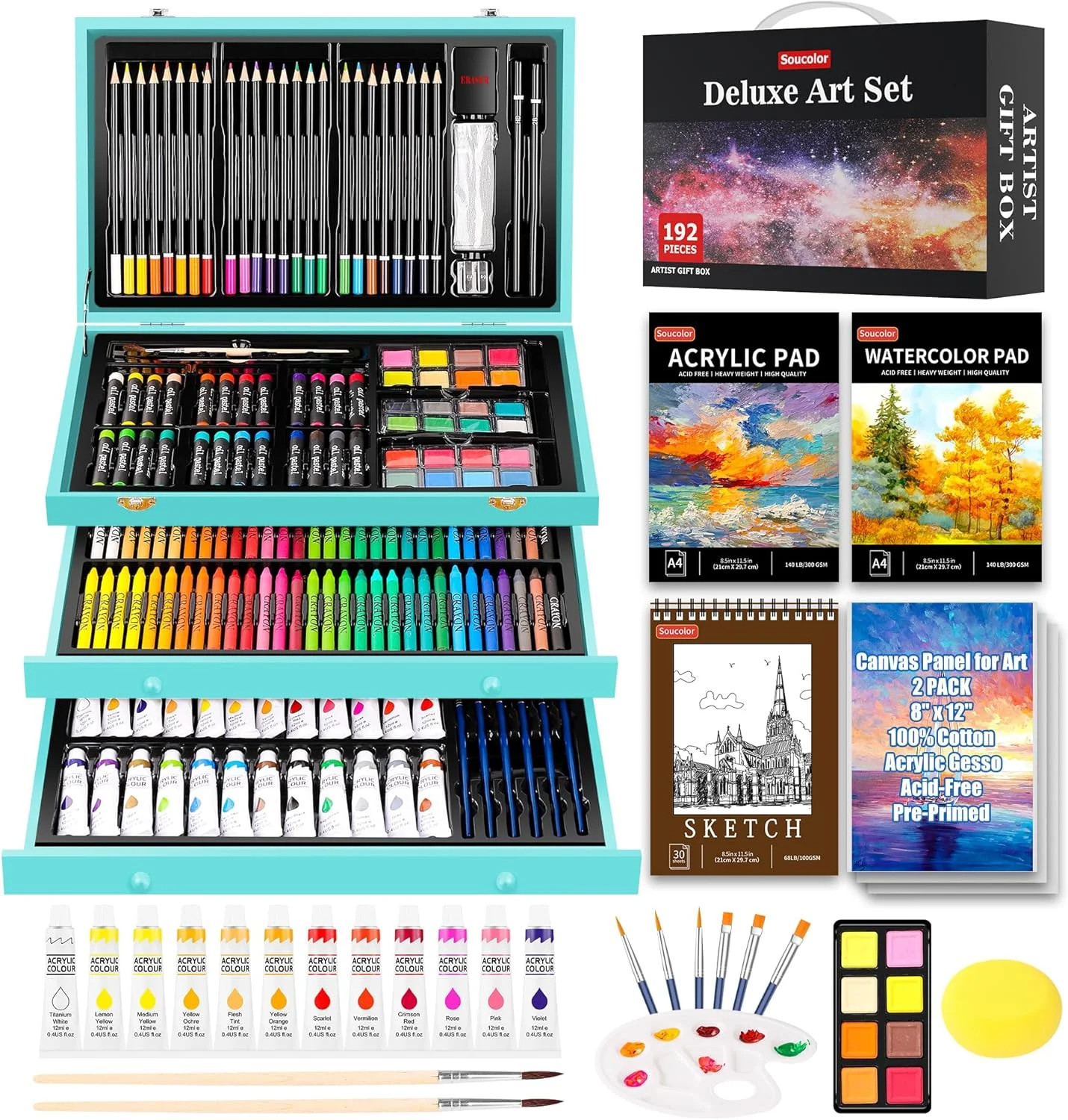 Soucolor Art Supplies, 192-Pack Deluxe Art Set Drawing Painting Supplies Art Kit