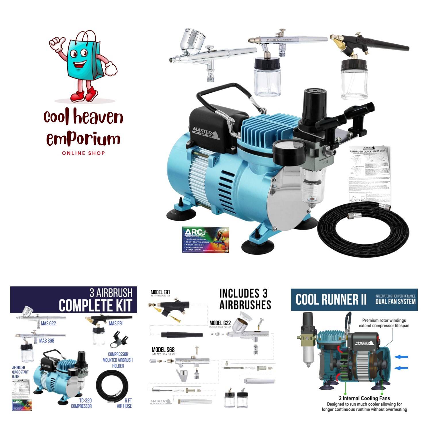 Cool Runner II Dual Fan Air Compressor Professional Airbrushing System Kit wi…