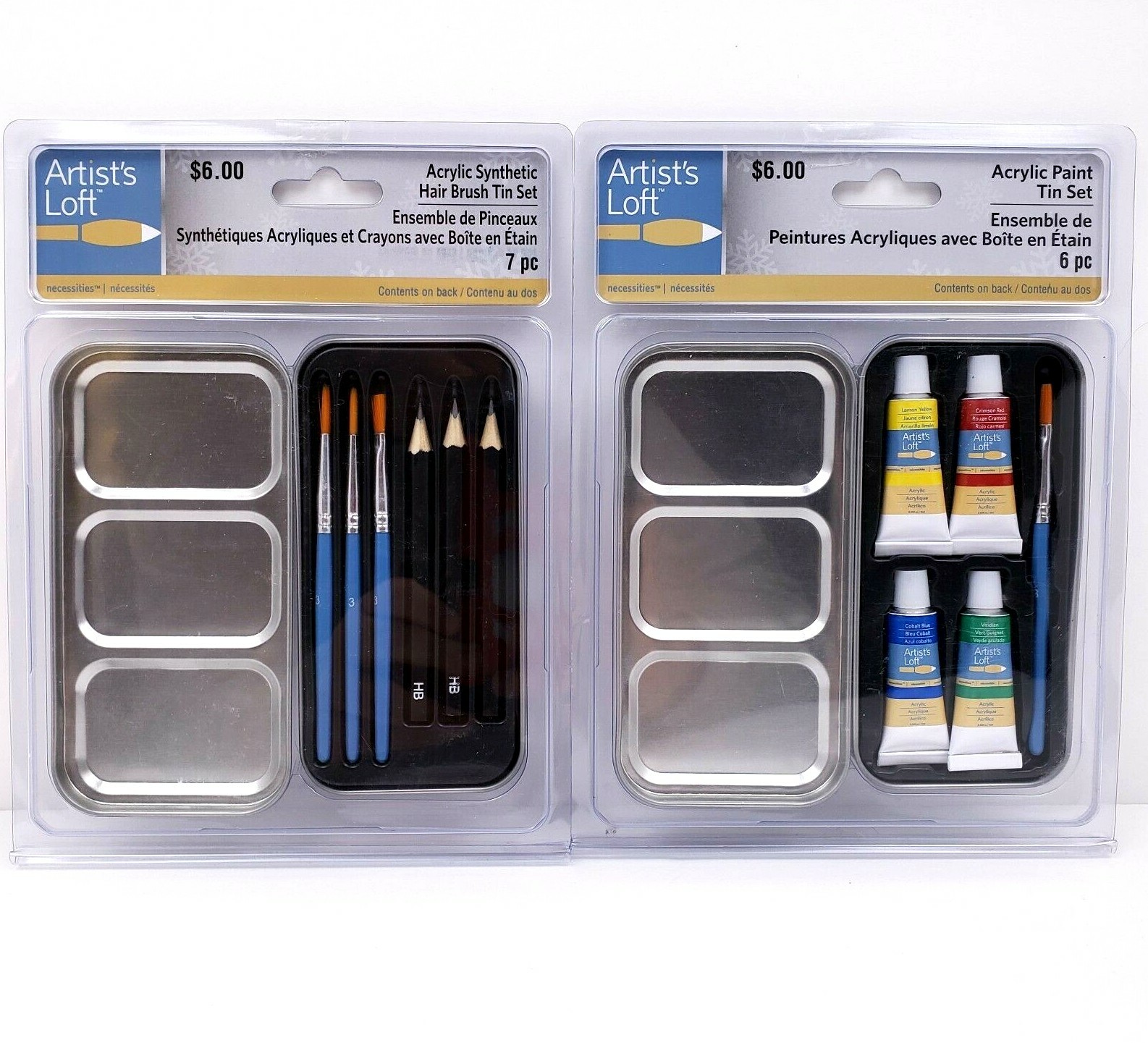Artists Loft Acrylic Paint 6 Piece and Acrylic Synthetic Hair Brush Tin Sets Lot