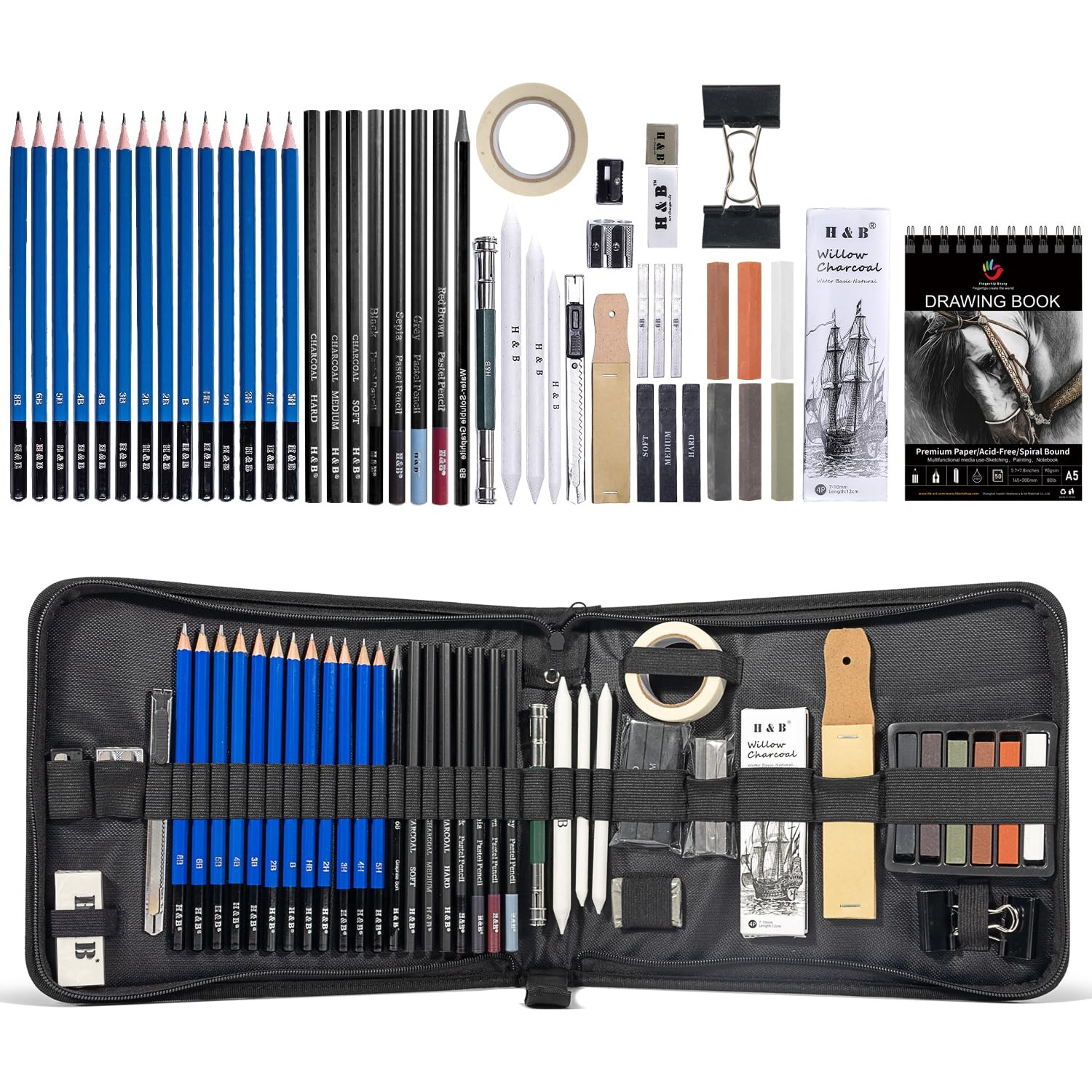 50 Pack Drawing Set Sketching Kit, Pro Art Supplies with 3-Color Sketchbook, …