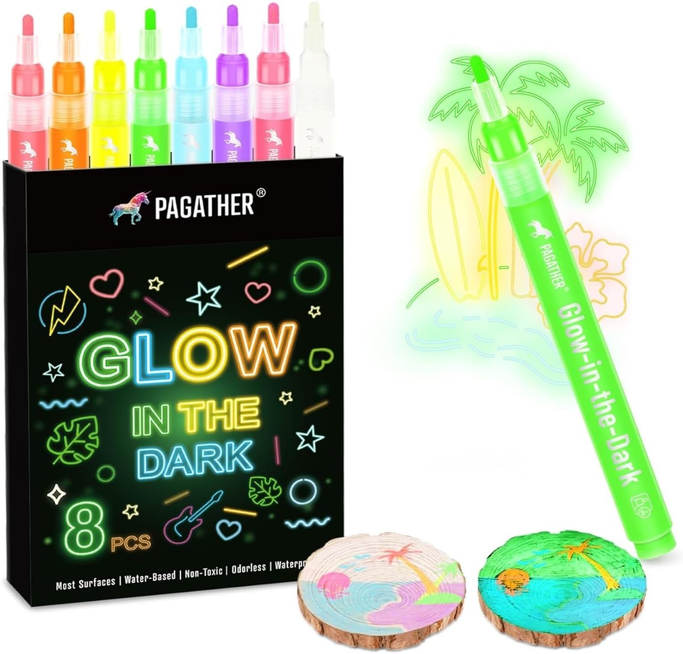 8 Colors Glow in the Dark Markers – 2mm Round Tip Neon Fluorescent Paint Pens