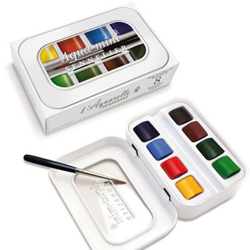 Sennelier Aqua-mini Set of 8 Half Pans with Brush
