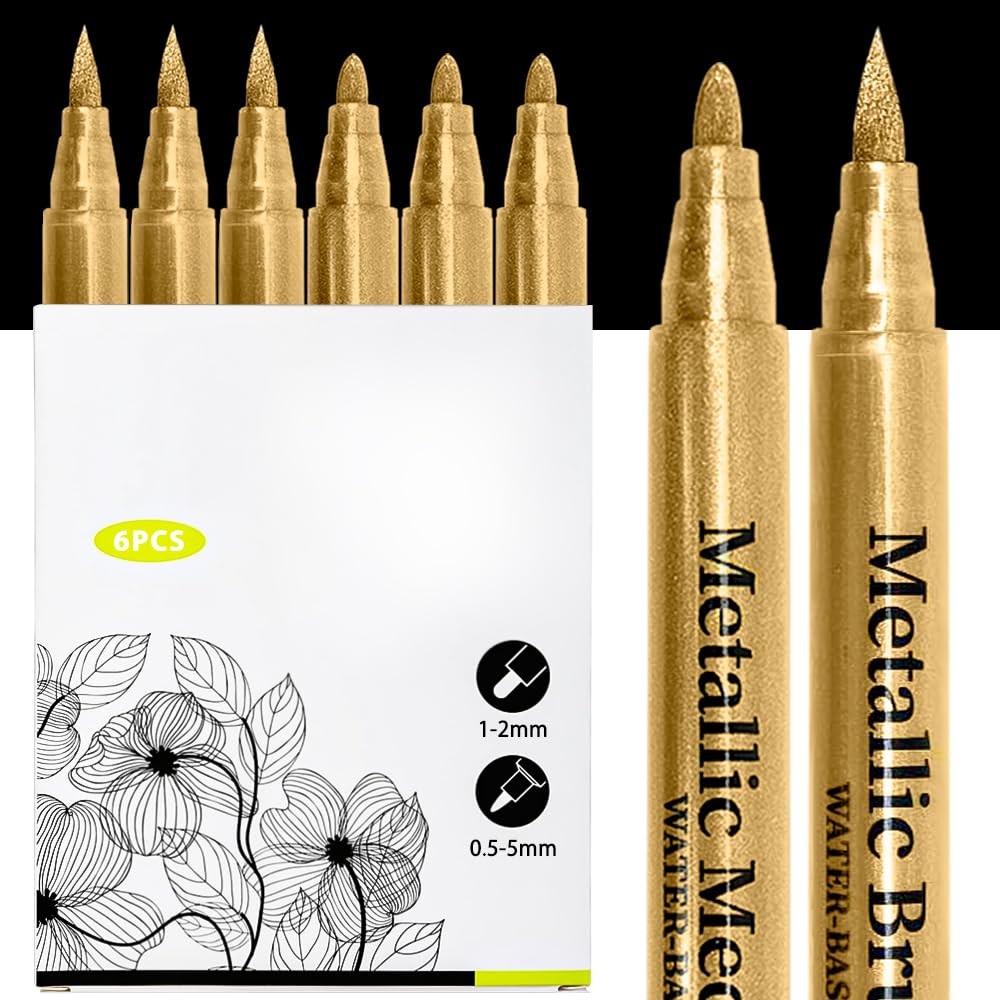 Gold Pen, Gold Marker Pen, 2 Tips, Waterproof Ink/Quick Drying/0.5-5mm Line Widt