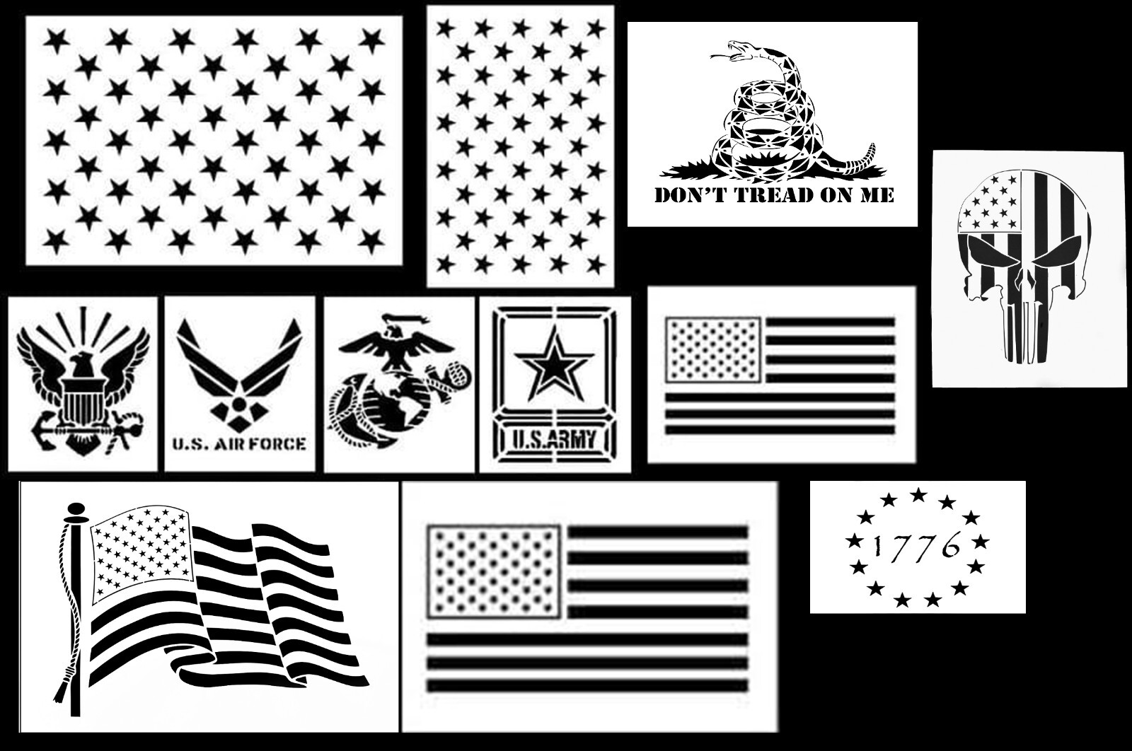 12 PACK American Patriot Stencils Marines Army Navy Flags 1776 50 Stars Gadsden
