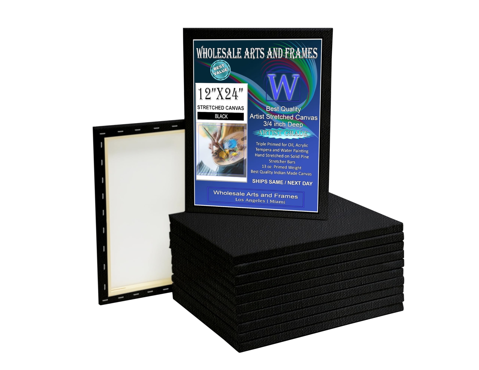 3/4″ Black Artist Stretched Canvas. Many Sizes. Primed Cotton. Bulk Discounts.