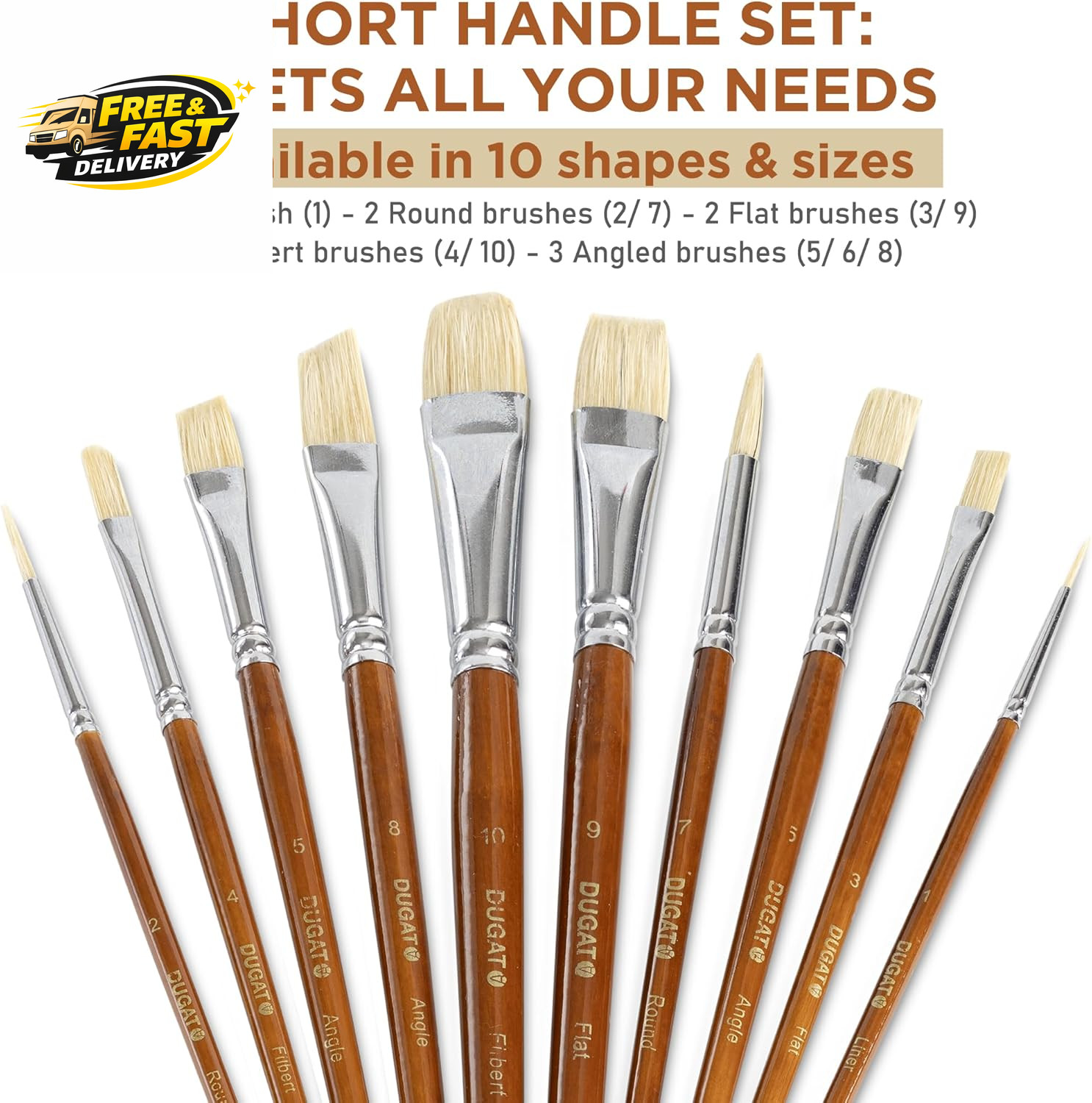 10Pcs Short Handle White Hog Hair Artist Paint Brush Set by Perfect for Acrylic
