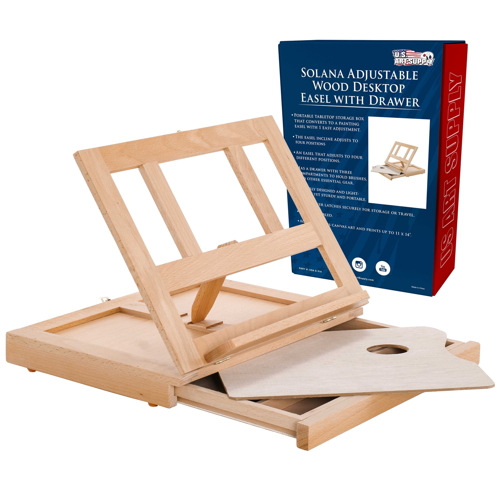 Solana Artist Adjustable Wood Desk Table Easel, Storage Drawer, Art Paint Canvas