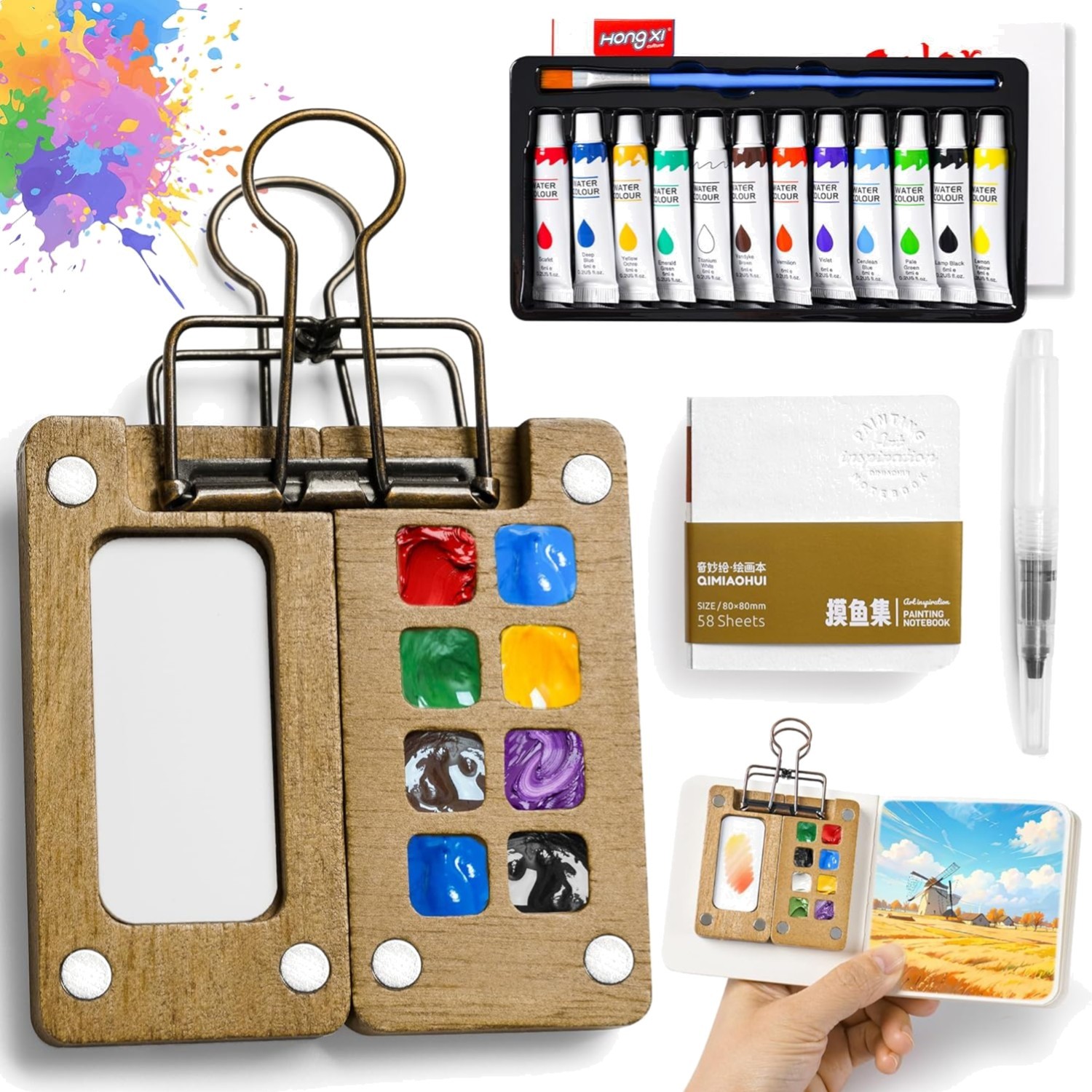 Durable Mini Watercolor Set with Wooden Palette for On-the-Go Artists & Students