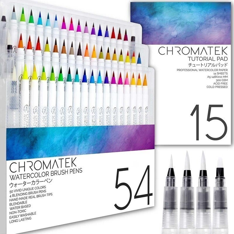 Watercolor Brush Pens Set W/ Video Tutorials & Artist Pad 54 Colors Aquapens New