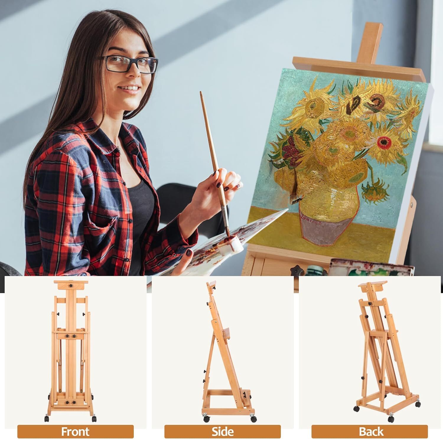 Painters H-Frame Wooden Easel Adjustable Artist Floor Easel Stand Up to 87in