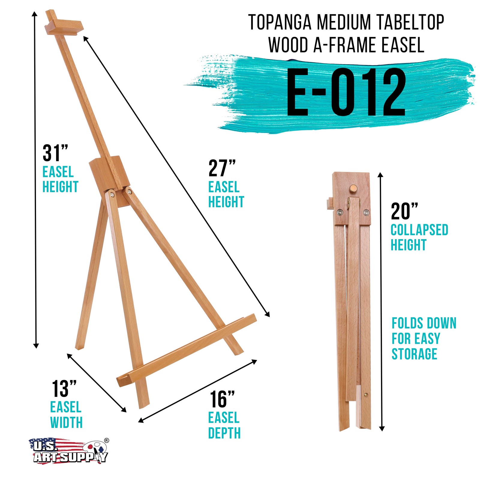 31″ Tabletop Folding A-Frame Artist Studio Easel, Beechwood Tripod Display Stand