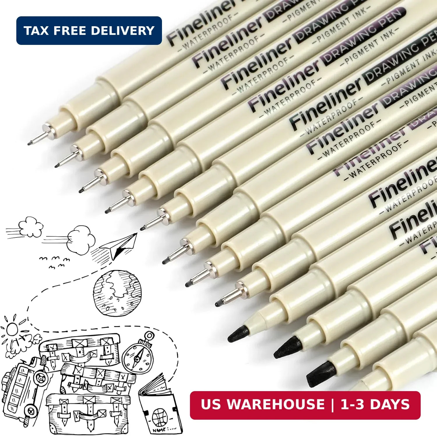 Micro Fineliner Drawing Art Pens 12 Black Fine Line Waterproof Ink Set Artist US
